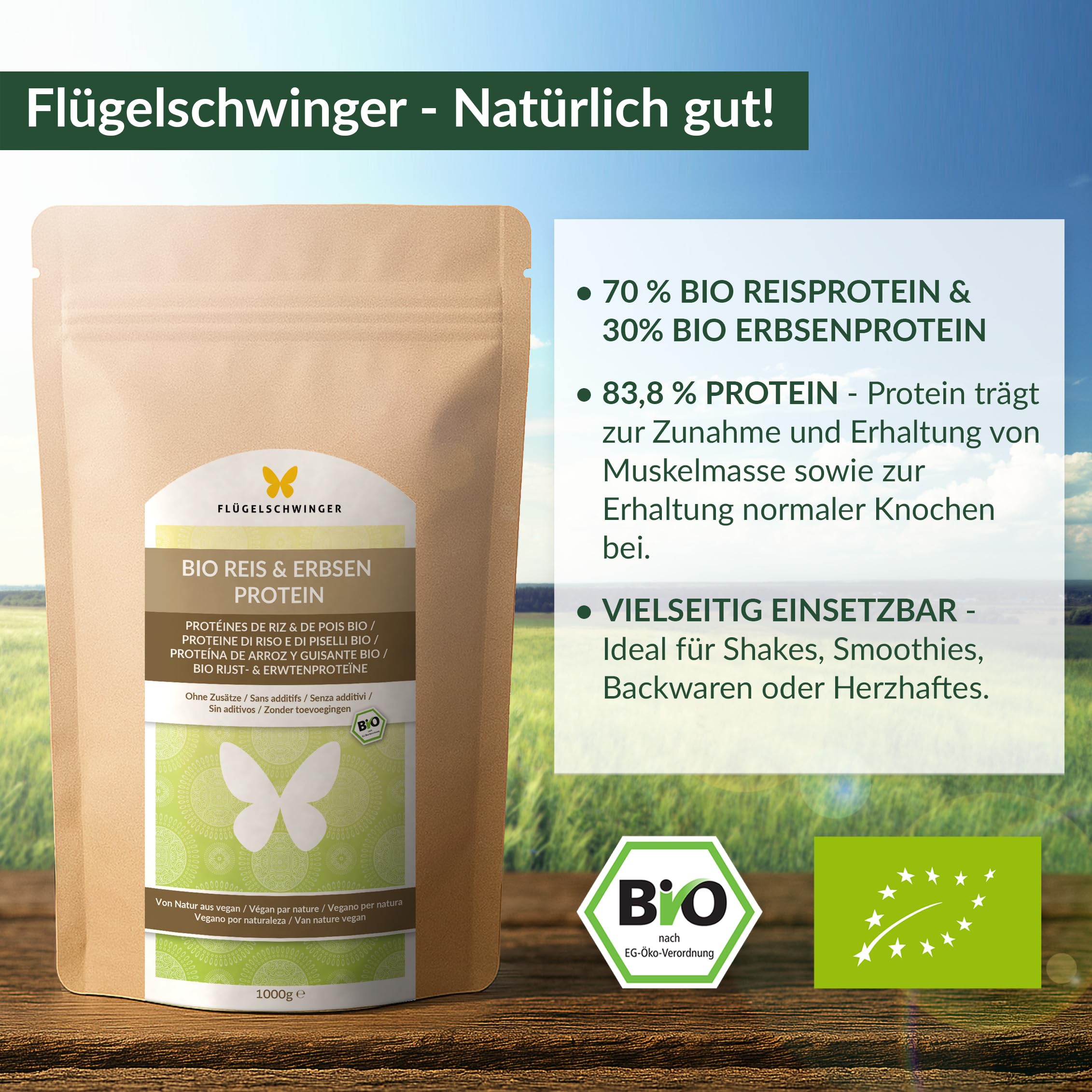 1kg BIO Reis & Erbsen Protein 7:3, 83,8% Protein, ohne Zusätze, 70% Bio Reisprotein & 30% Bio Erbsenprotein, von Natur aus vegan, ohne Soja, geschmacksneutral (1000g)