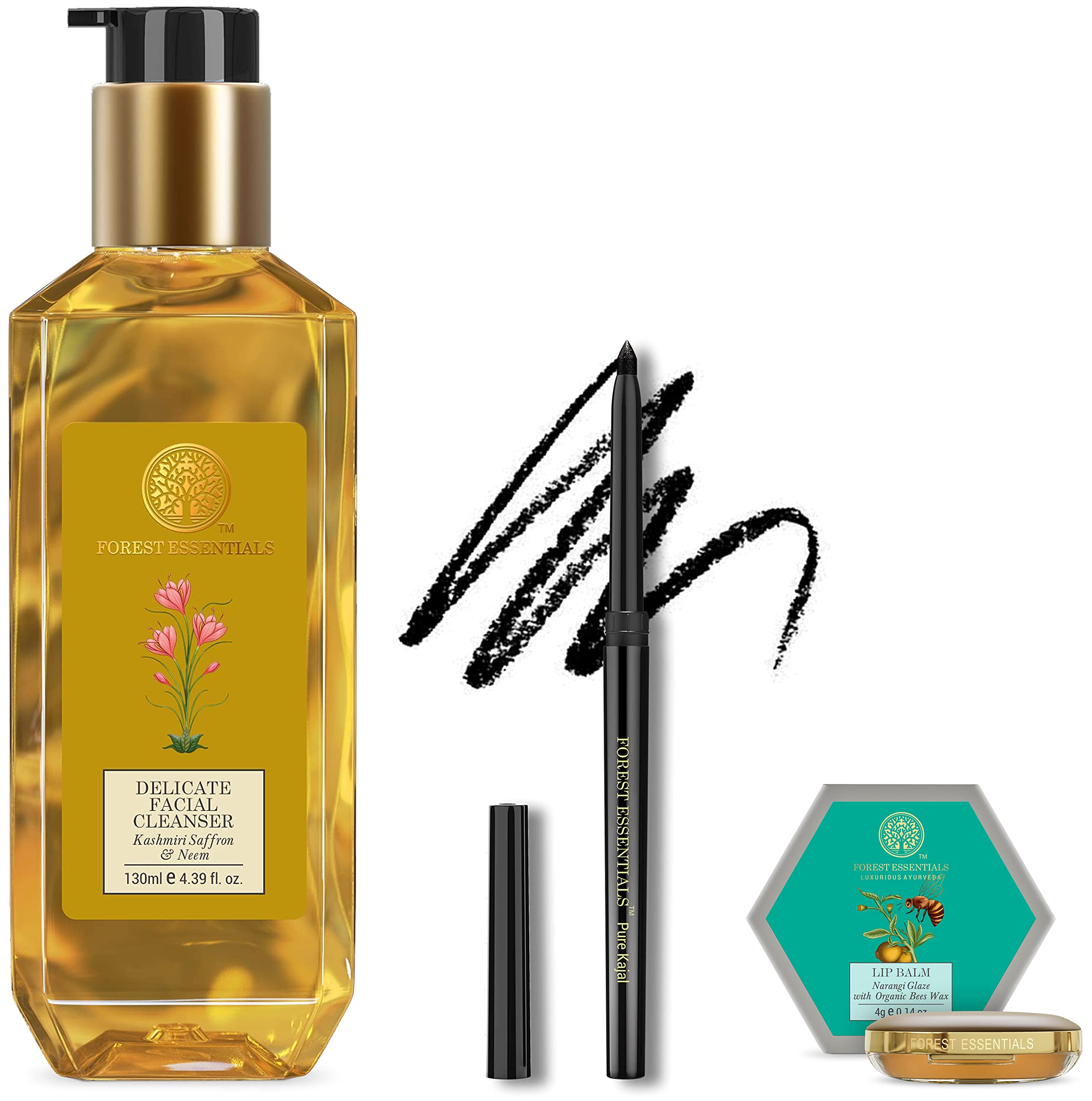 Forest Essentials Delicate Facial Cleanser Kashmiri Saffron & Neem 130ml (Face Wash) & Forest Essentials Charcoal Black Gulaab Khaas Kajal 0.3g & Forest Essentials Luscious Lip Balm Narangi Glaze 4g-image-32