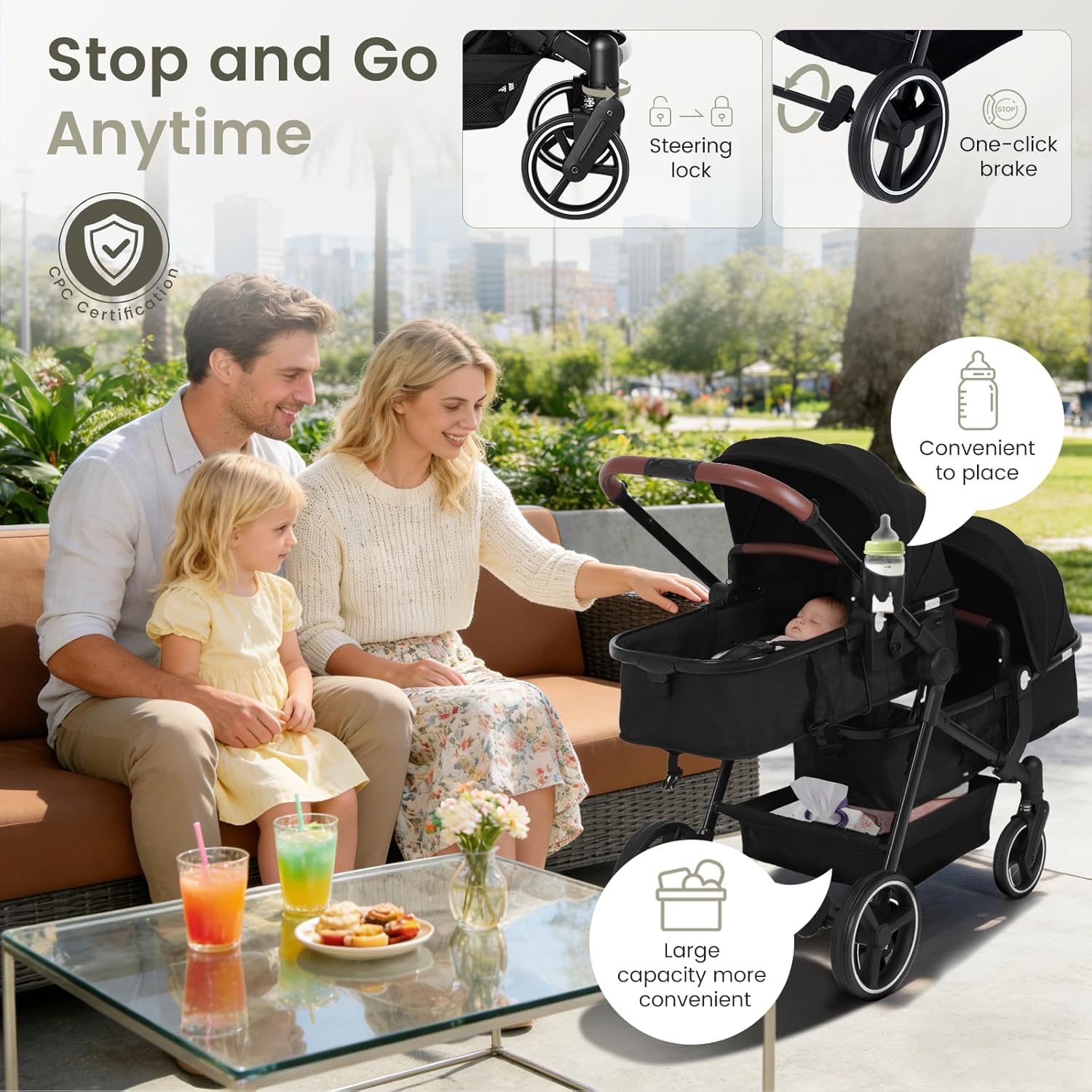 Double Stroller Newborn and Toddler, Foldable Tandem Twin Baby Travel Stroller, Reversible Seat, Adjustable Backrest, Storage Basket/Cup Holder, for 0-3 Kids