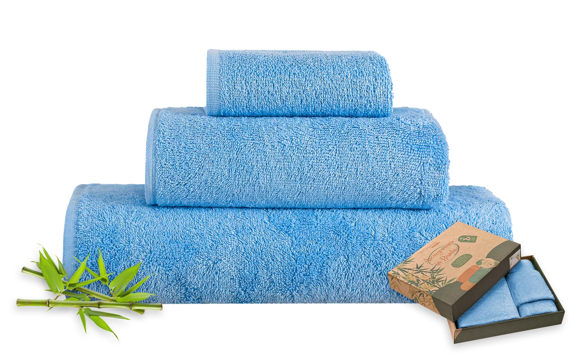 IlGruppone Set 3 Pezzi Asciugamani In Bambù Bagno Salvietta Viso Telo Doccia Asciugamano Pregiati Super Assorbenti Salviette 450 Gr Bamboo Lusso Elegante Confezione Idea Regalo - BambuAzzurro