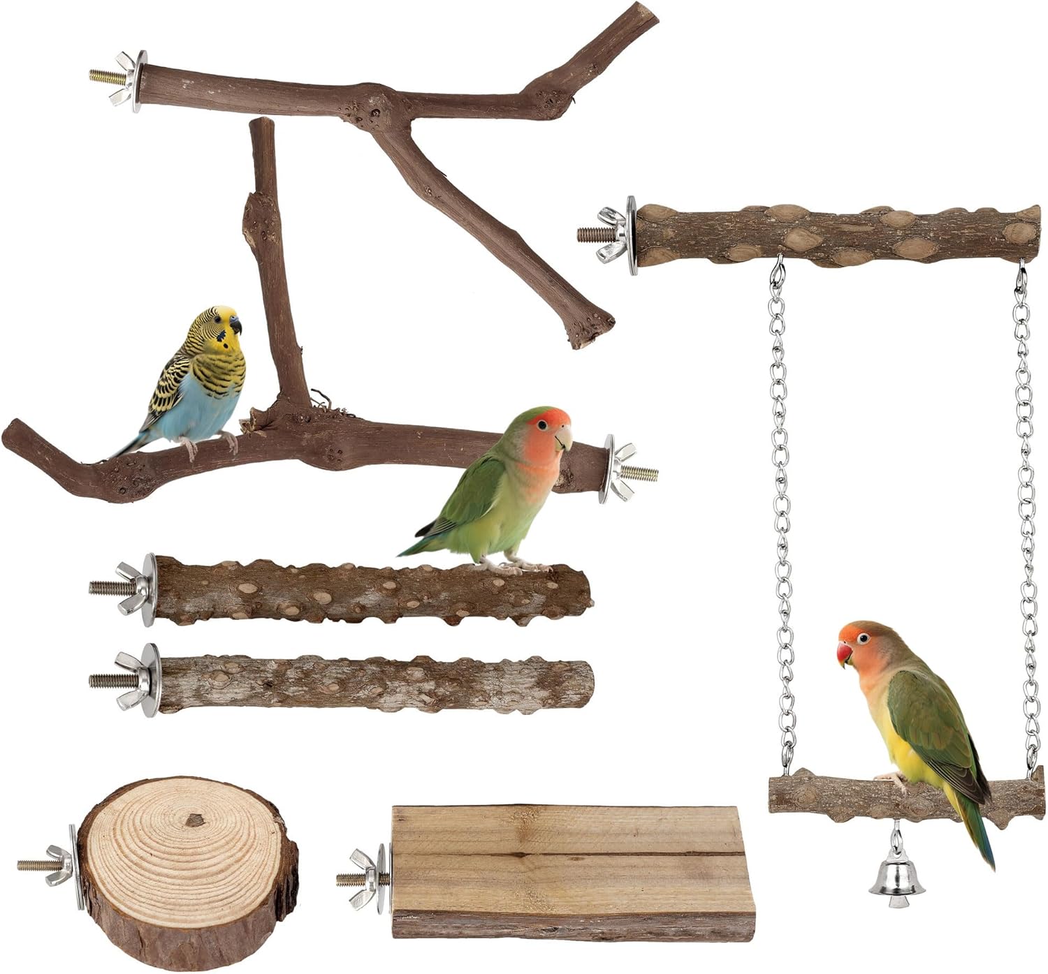 7pcs Set Natural Wood Bird Perches for Cage Wooden Bird Cage Accessories Including Curved Grape Stands Chewing Sticks Platforms Birds Swing Toy for Parakeets Cockatiels Small & Medium Birds
