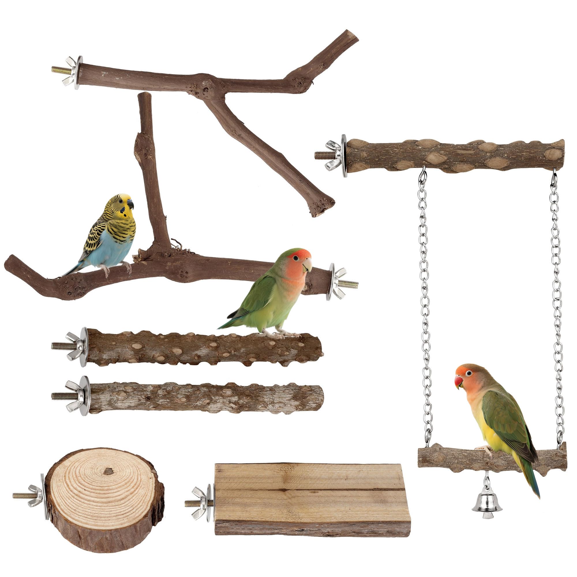 7PCS Bird Perches, Natural Wood Parrot Perch Stand, Bird Perch Chewing Stick Cage Accessories Hanging Multi-Branch Perch Platform Swing Toy for Parakeets, Cockatiels, Small Medium Birds
