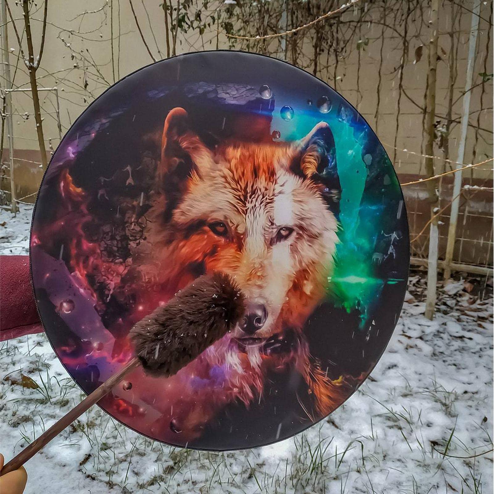 Schamanische Wolf-Totemtrommel, Handgefertigte Trommel mit Trommelstöcken, Sibirische & Keltische Schamanentrommel, + Leder, Brown