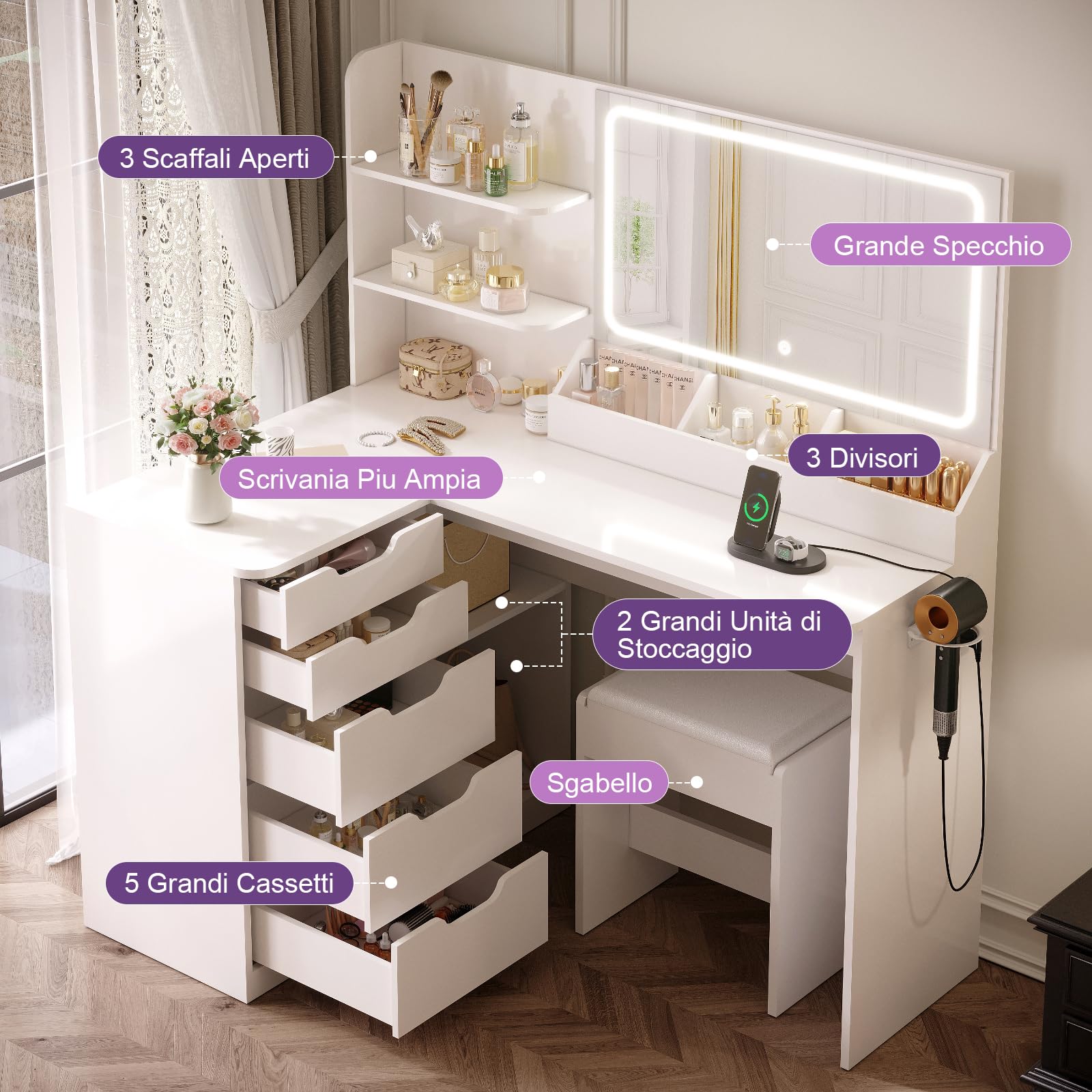 TRIUMPHKEY Toeletta da Trucco Angolare con Sgabello,Tavolo Trucco con Luci LED,2 Porta USB,5 Cassetti,Ripiani Aperti,Postazione Trucco per Camera da Letto,Moderno (Bianco)