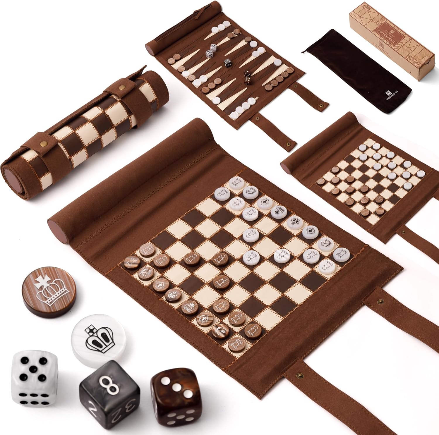 Woodronic 3 in 1 Chess Checkers Backgammon Set, Roll-up Leather Travel Chess Board Game, Portable Travel Backgammon Game Set for Adult, Travel Checkers Game with 32 Amber Pearl Pieces and 5 Dices