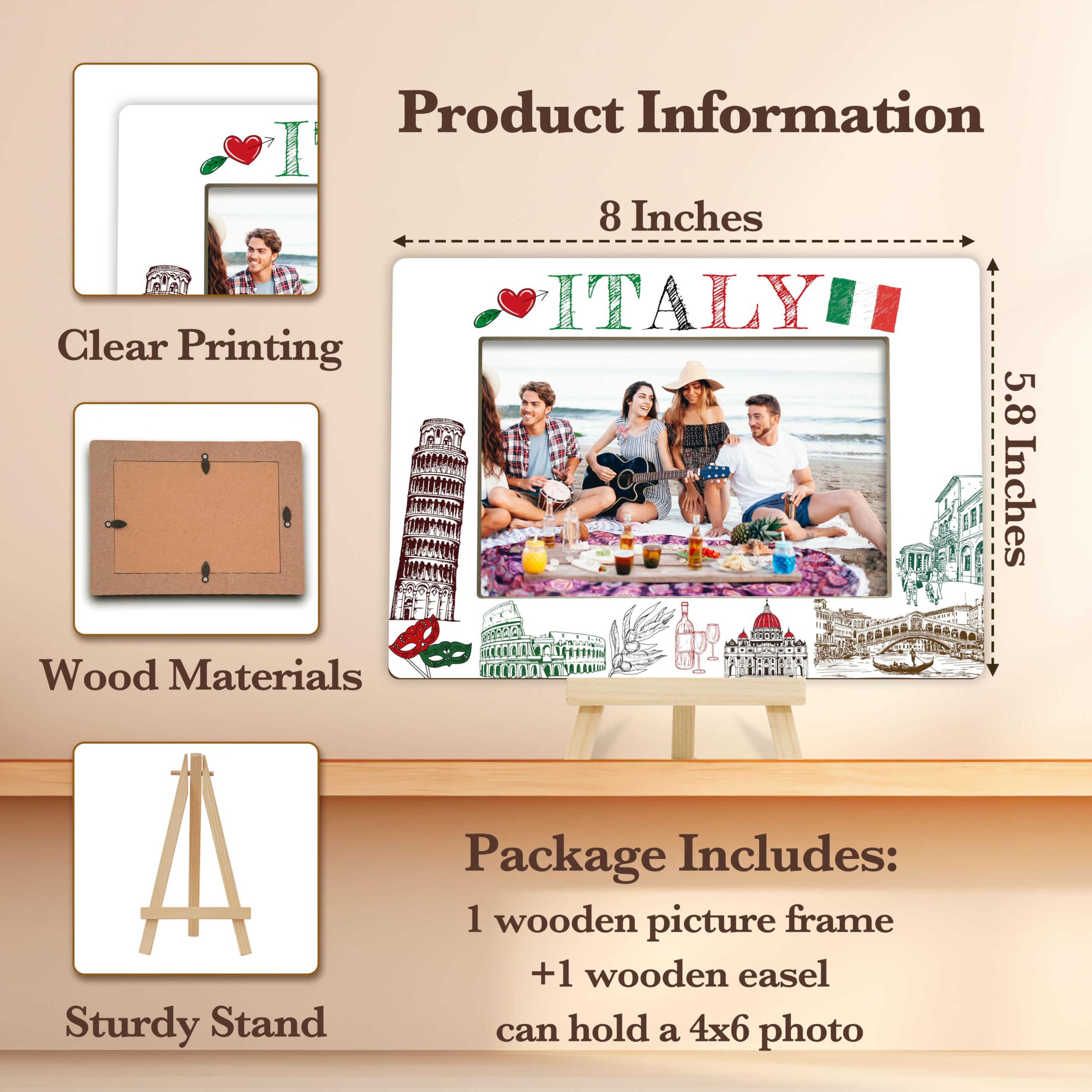 Fbitey Italy Wooden 4x6 Photo Frame - Travel Themed, Cartoon Sketch Of Italian Architecture, With Easel - View #4