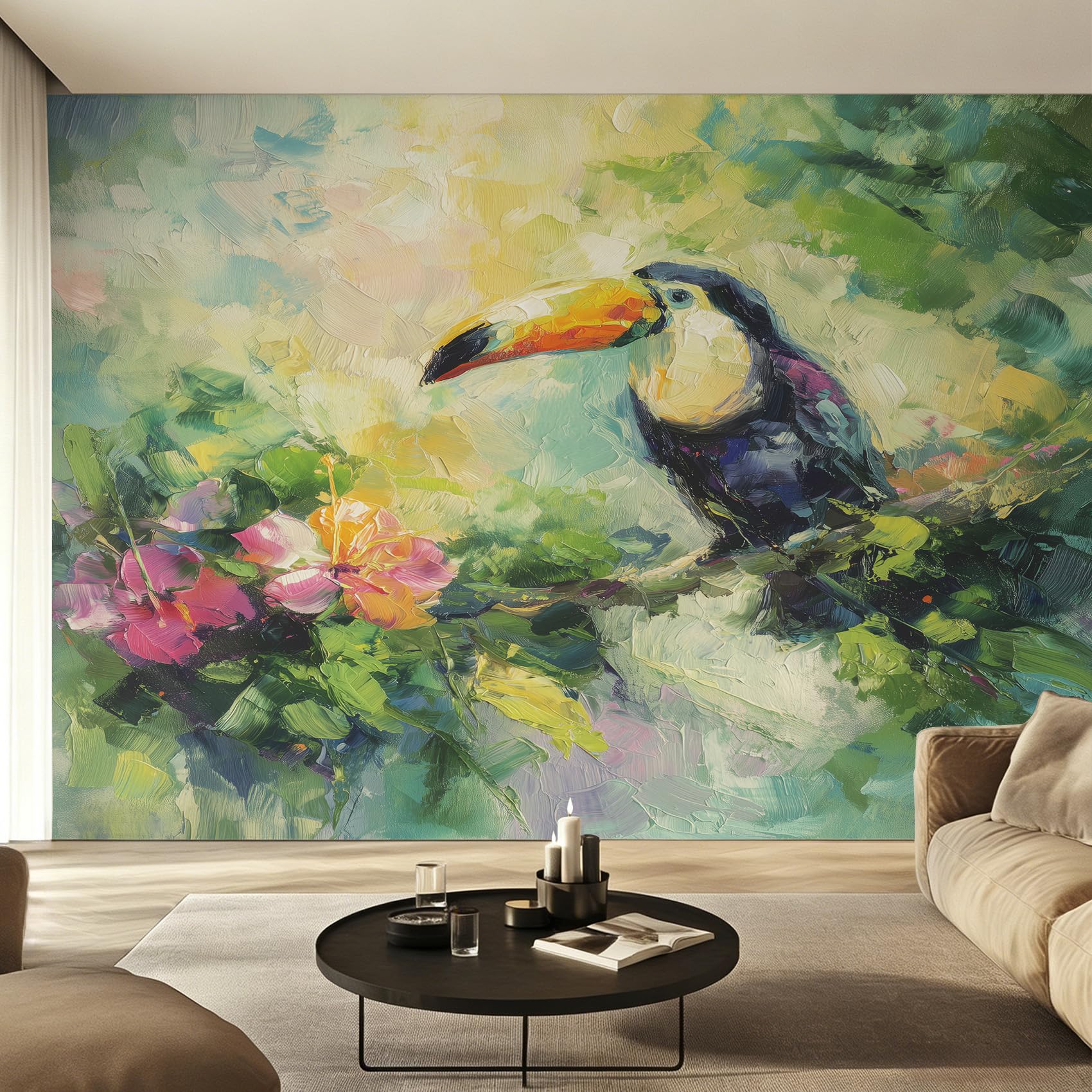 Papier peint peinture à l'huile oiseau tropical pour une chambre parentale exotique