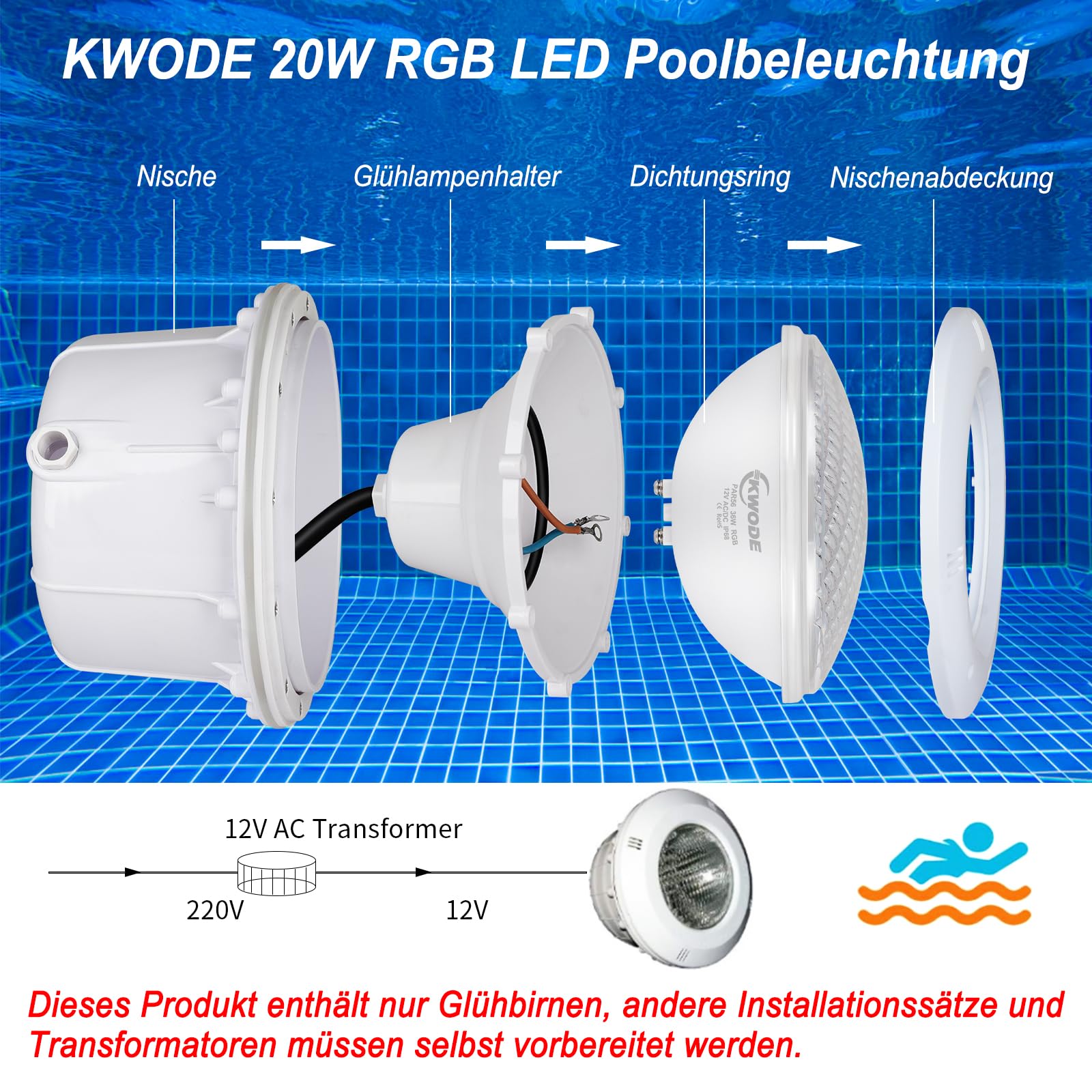 LED illuminazione della piscina PAR56, illuminazione della piscina di 36W RGB, IP68 luce temporizzazione 2/4/6H, controllo dell'interruttore delle luci della piscina del riflettore subacqueo