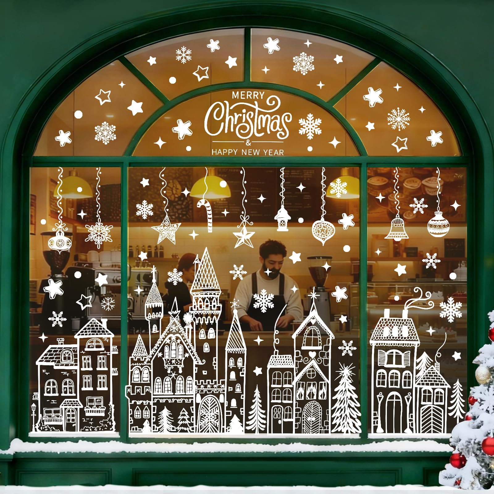 Christmas Window Stickers Reusable Large,108 PCS Houses Christmas Decorations Windows Clings Decals Double Sided,Winter Xmas Window Stickers White Village Snowflake for Shop Indoor Scene Glass Display