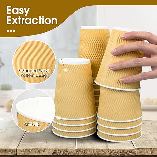 Miniatura 10 de Ginkgo Paquete de 100 tazas de café desechables con tapas, de 16 onzas, tazas de papel aisladas de pared ondulada para fiestas, hogar y viajes,