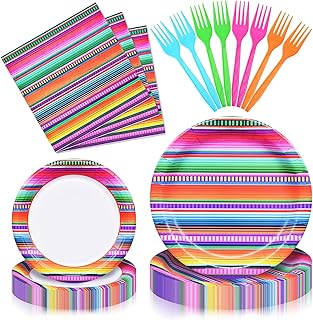 96 Pieces Mexican Fiesta Party Tableware Set - Colorful Serape Stripe Disposable Dinnerware with Paper Plates, Napkins, Plastic Forks - Cinco de Mayo, Taco Tuesday, Birthday, BBQ Party Supplies