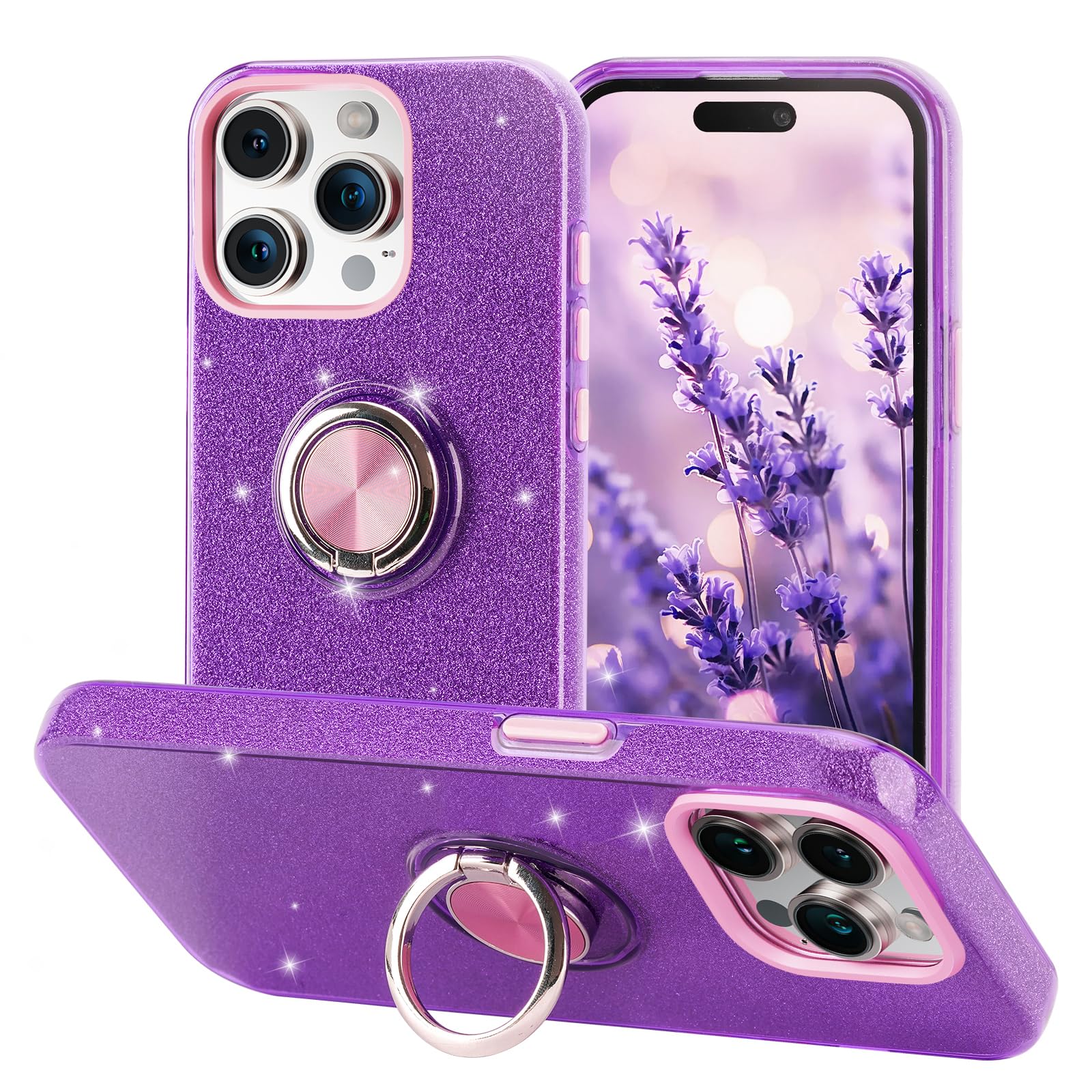 wisdompro Case for iPhone 15 Pro Max, Cute Glitter Bling Sparkle Protective Case with Ring Kickstand - Image 2