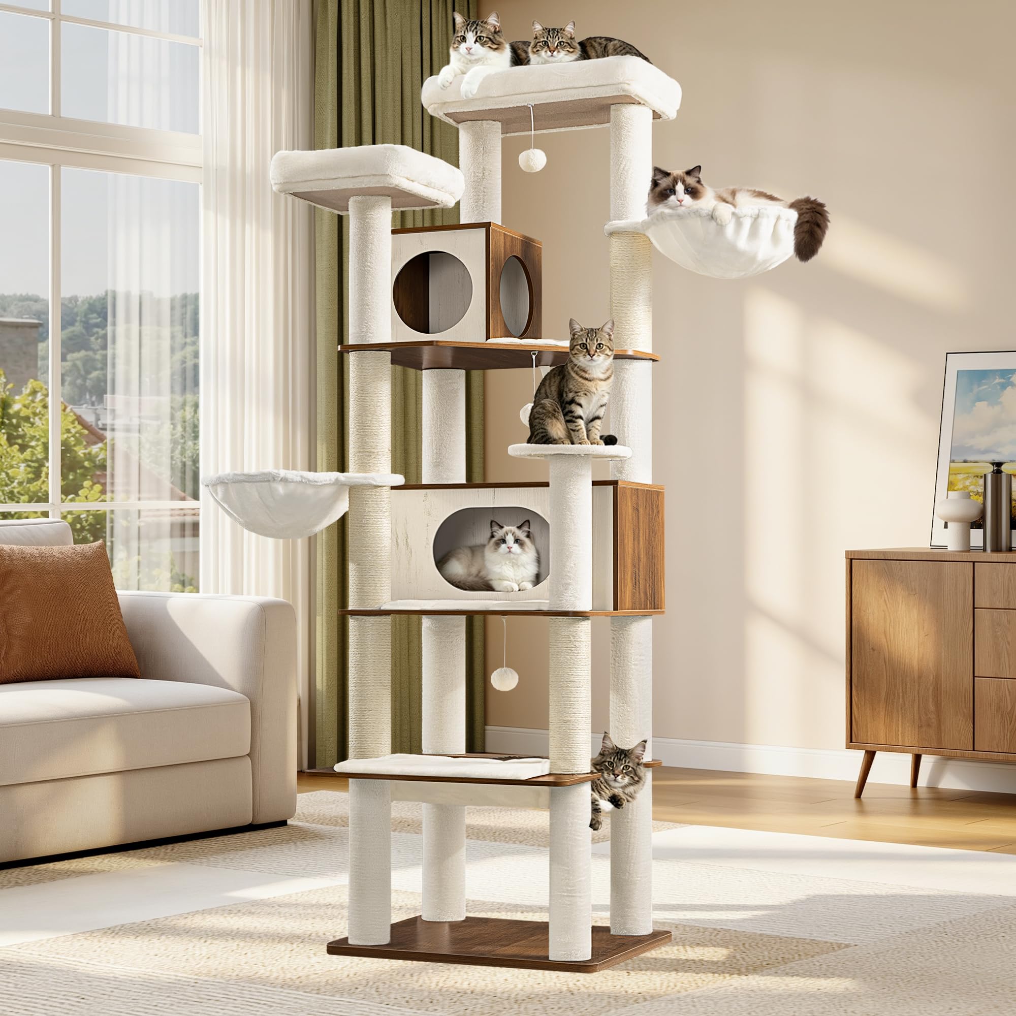 Arbre à Chat XXL, 208 cm Tour de Jeu, Marron et Blanc | Grande Niche et Hamac, 2 Plateformes, 5 Poteaux à griffer, Panier, Pom-poms, pour l'intérieur Moderne FPMS016PWR1