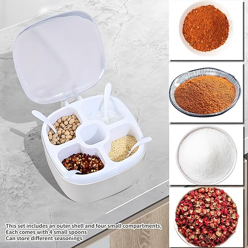 Miniatura 4 de VXYW Caja de condimentos de plástico, tarro de condimentos de 4 compartimentos con 4 cucharas, recipiente cuadrado para especias para sal, azúcar,