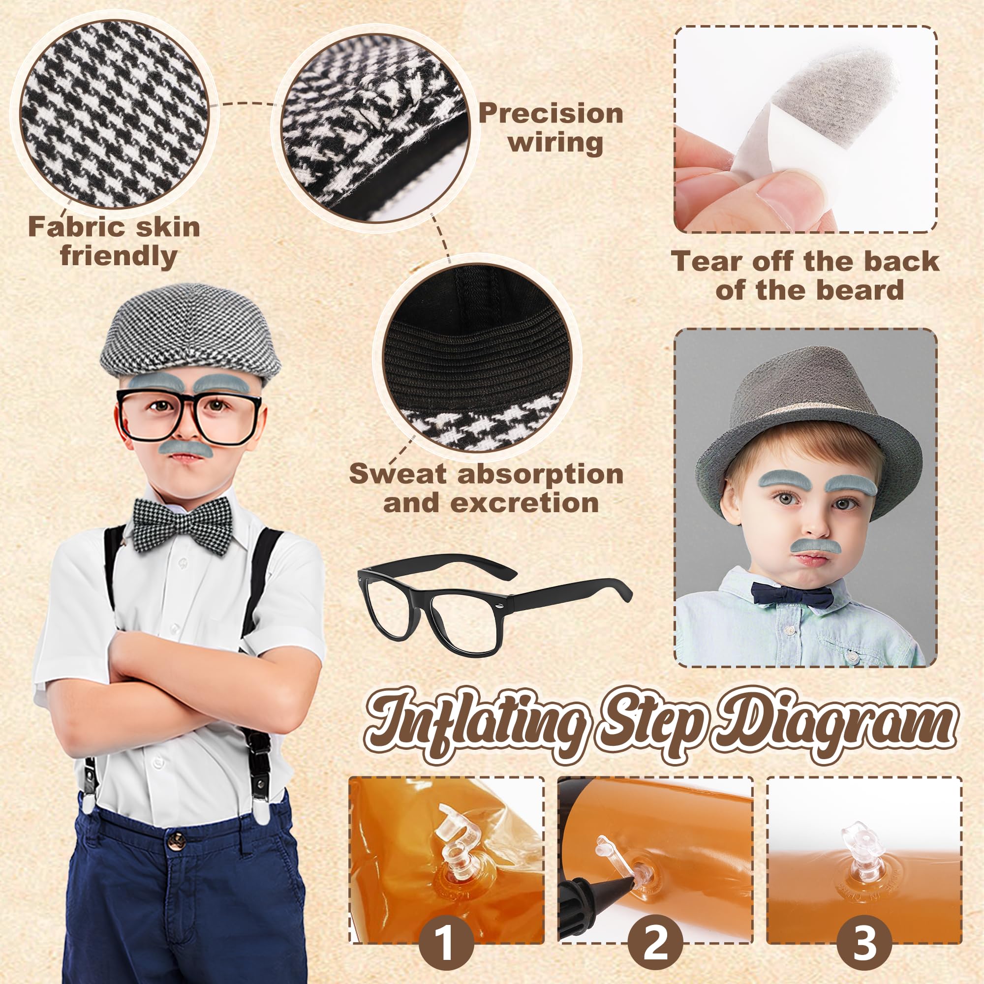 8 Pcs Old Man Costume Set for Kids Grandpa Fancy Dress Set Old Person Costume Accessories with Beret Inflatable Cane Suspender Tie Glasses Fake Beard Eyebrows for Halloween Party Cosplay Dress Up - Image 2