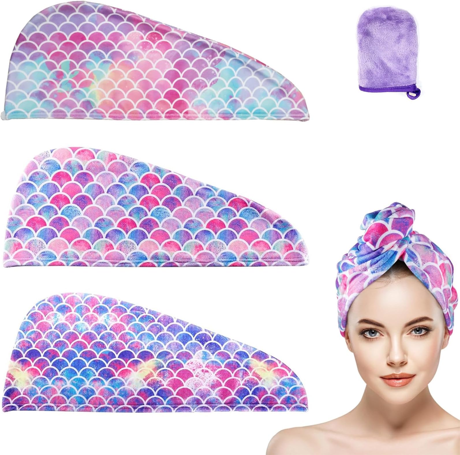 IS MUHE Hair Drying Towel,® 3 Pack Microfiber Super Absorbent Instant Hair Dry Wrap with Button Anti Frizz Soft Bath Shower Cap Head Towel for Girls Women Ladies Kids Long Thick Hair for Quick Drying