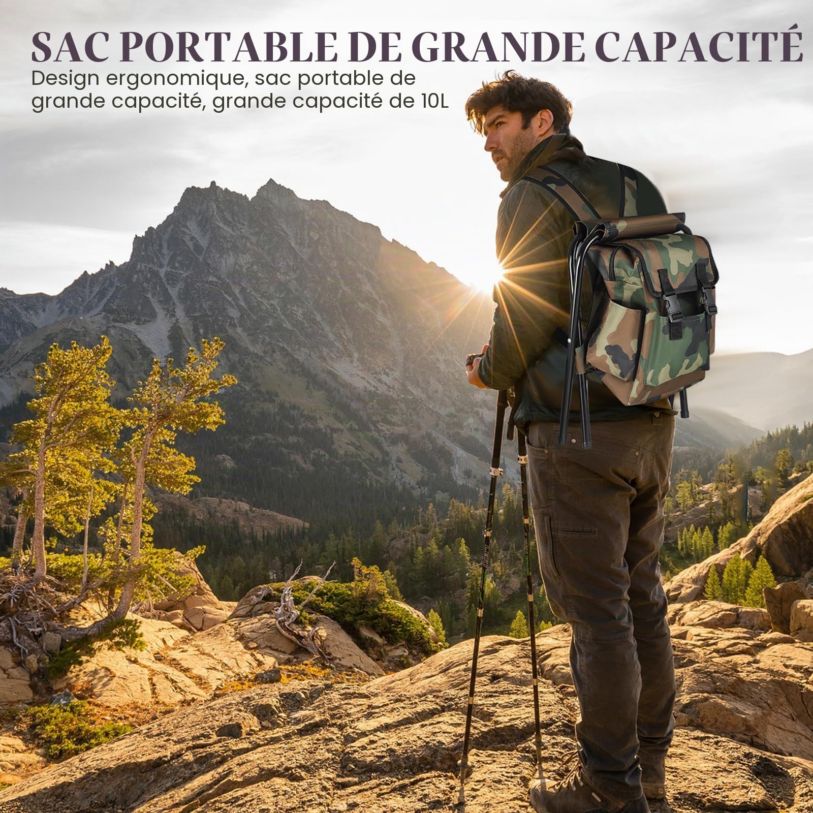 Chaise Pliante Camping Sac à Dos Imperméable - Siège Portable 100kg pour Pêche, Randonnée avec Design Stable (Camouflage)