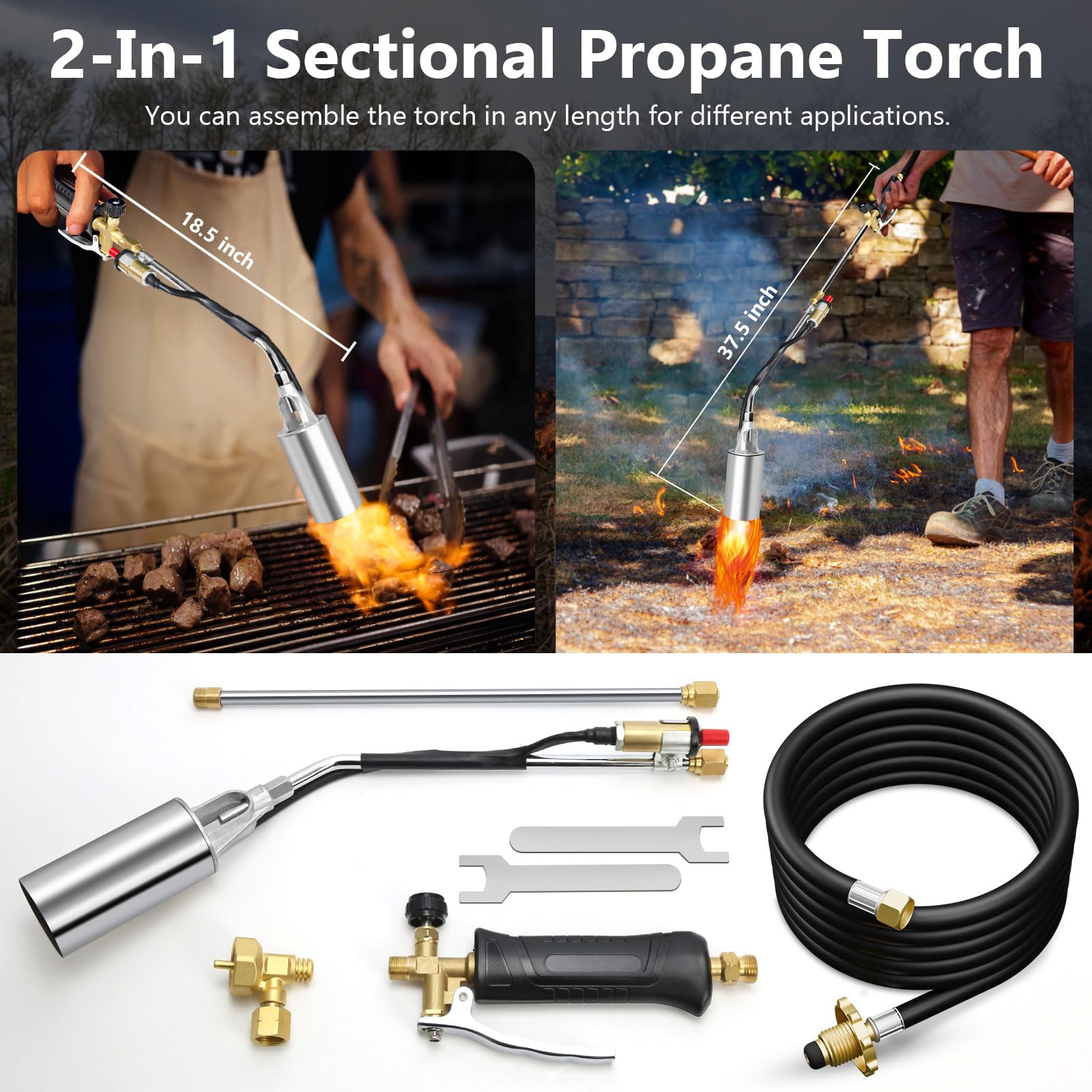 Kit de quemador de malezas de propano, 2 en 1, seccional de 37.5 pulgadas, extendido, sin doblar, 1.800.000 BTU, lanzallamas resistente con encendido automático, manguera de 10 pies y adaptador