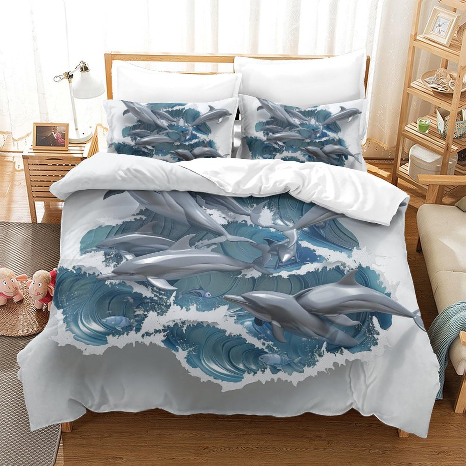 Housse de couette dauphin 3D microfibre avec taies d'oreiller 220x240