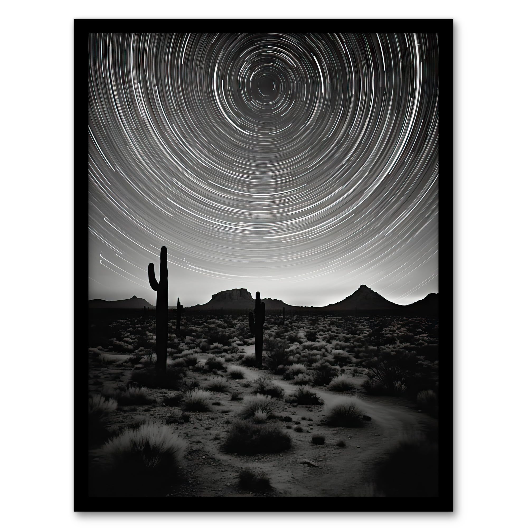 Artery8 The Milky Way Time Lapse Star Trails Stars Tracing Their Journey Across Black White Cactus Artwork Framed Wall Art Print A4