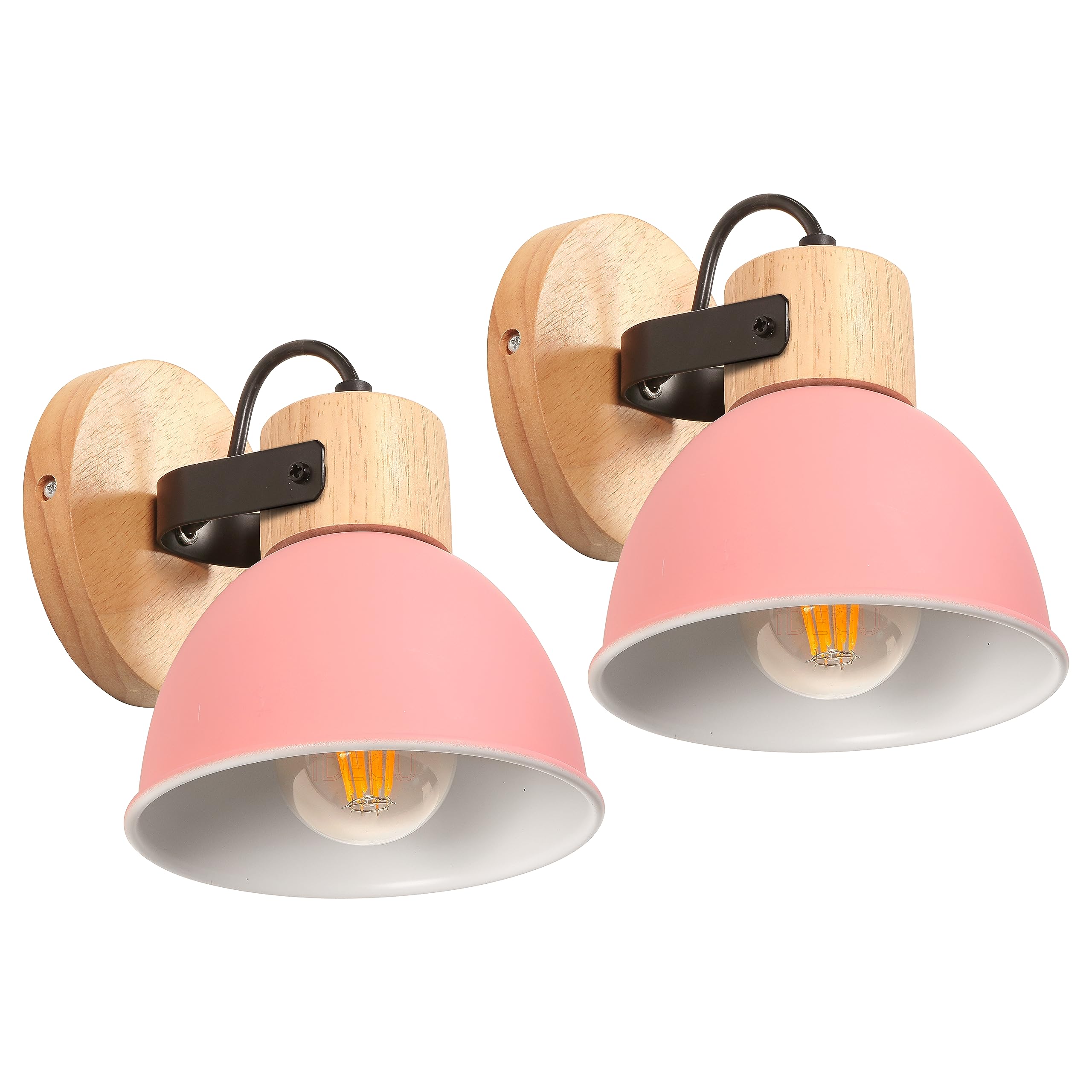 iDEGU Set of 2 Interior Wall Sconces 15 cm Retro Spot LED Insustrial Wall Lamp Wooden Iron Vintage Adjustable Chandelier Ceiling Light E27 Wall Lighting for Bedroom Living Room (Pink)