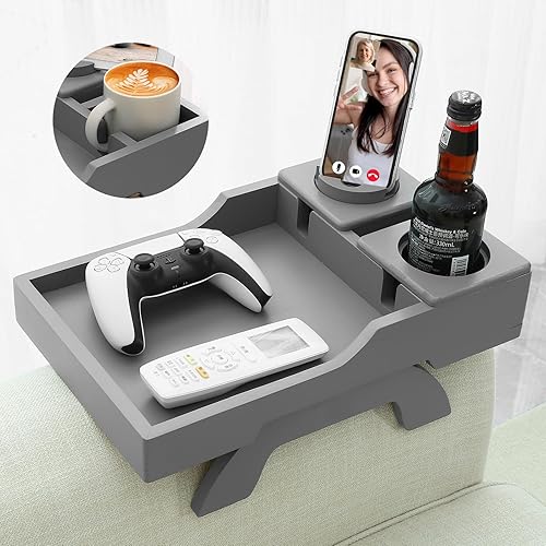 Miniatura 9 de Soporte para taza de sofá, bandeja lateral 4 en 1 para brazo de sofá con soporte para teléfono y almohadilla, clip de sofá en la mesa auxiliar para