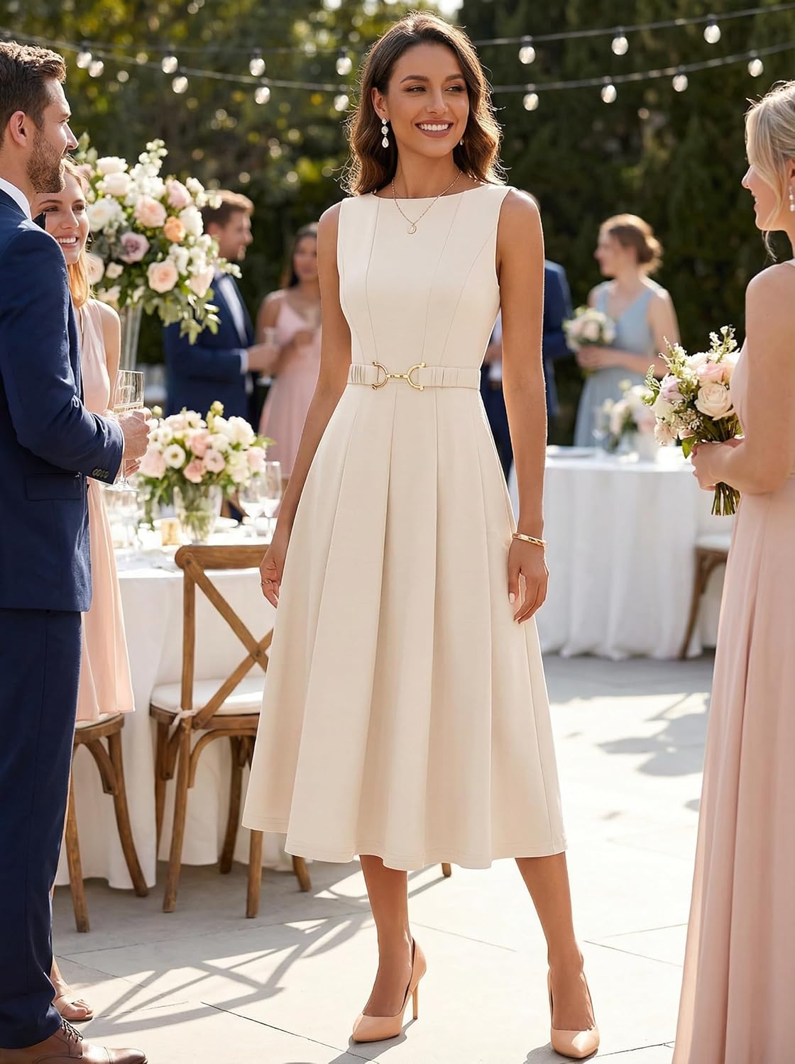 ZESICA Women Summer Sleeveless Midi Dresses 2026 Elegant Boat Neck A Line Tie Waist Spring Cocktail Party Dress - Image 3