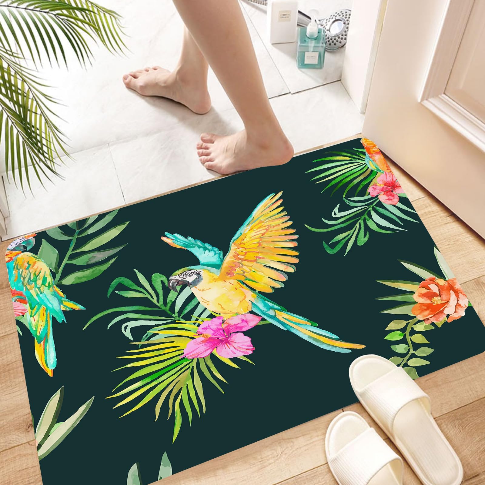 Non Slip Bath Mat Machine Washable Durable Soft Fluffy Microfiber Bathroom Mat Water Absorbent Bath Rug,Macaw seamless pattern. Palm leaves and tropical flower and camellias. Black bac,16x24in
