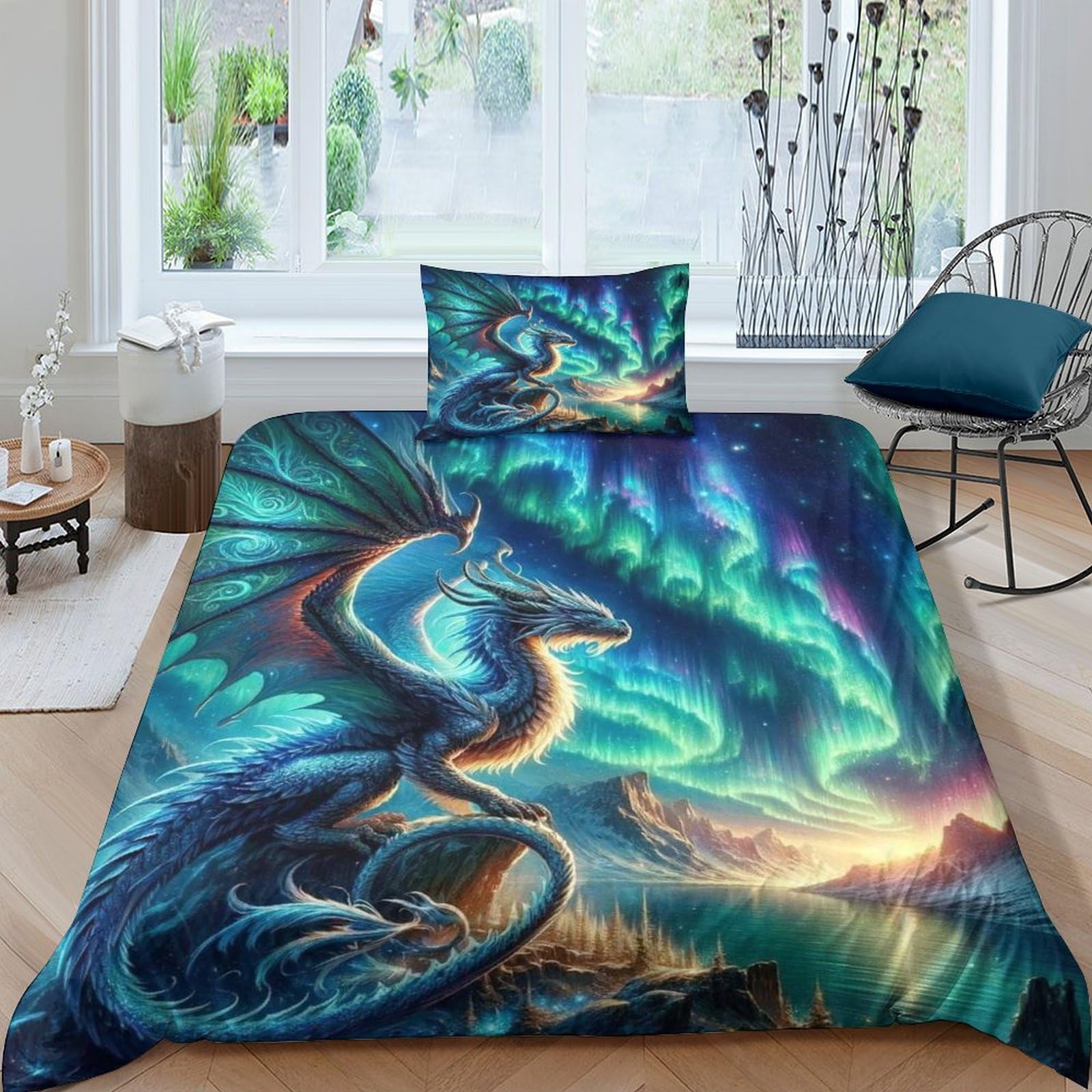 TNFHSOFT Flying Dragon Duvet Cover Set 3D Quilt Cover Decorative Microfiber Comforter Cover Set with Pillow Shams, Zipper, Soft Lightweight 3 Pieces Single（135x200cm）