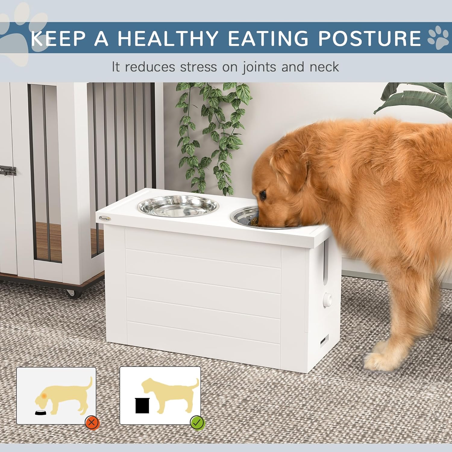 PawHut Elevated Dog Bowls with Semi-Auto Dispenser & Slow Feeder Mat, Pet Feeding Station with 3 Stainless Steel Bowls, Storage Cabinet, Raised Pet Bowls for Large & Extra Large Dogs, White