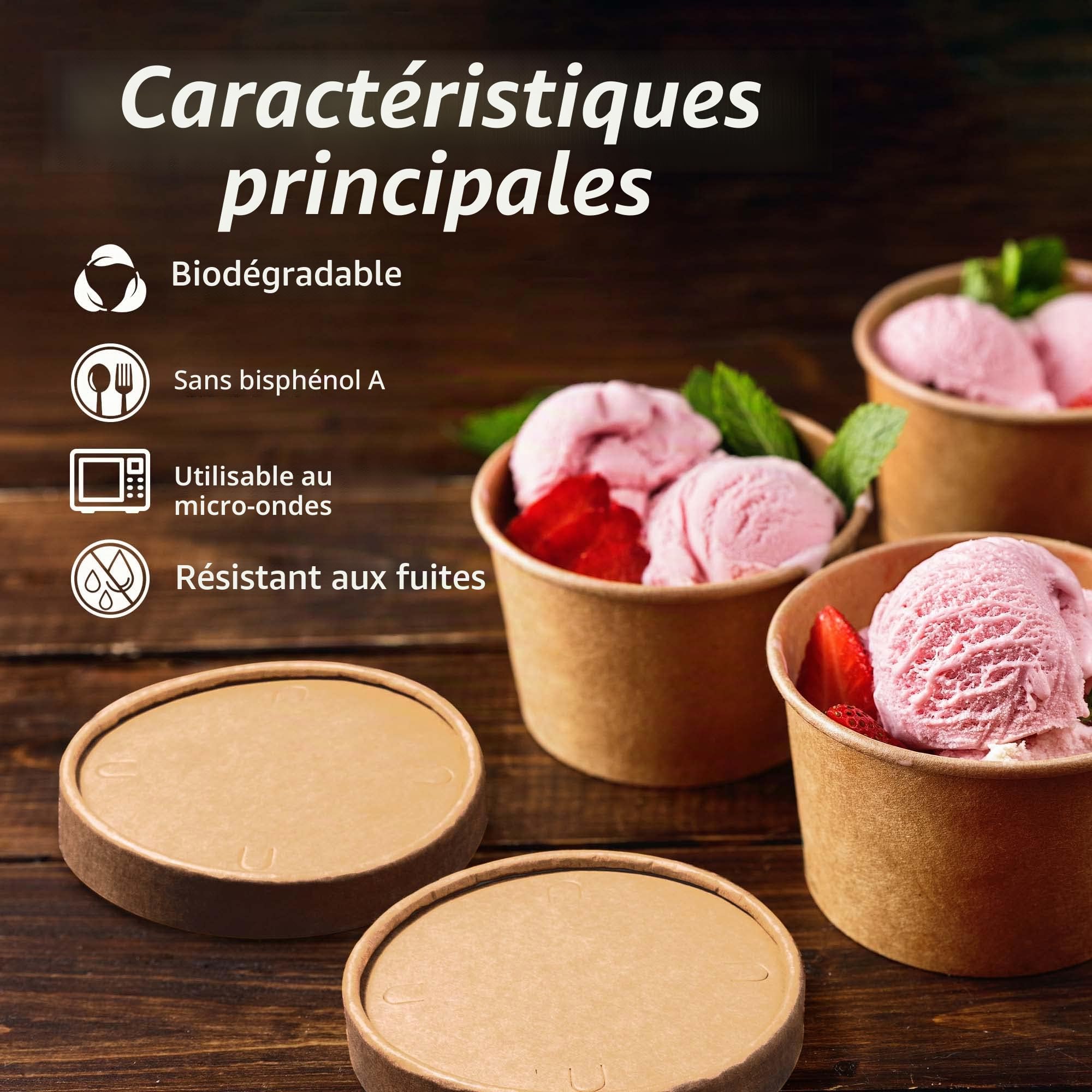 MATICAN Gobelets en papier à crème glacée avec couvercles, lot de 40 - Gobelets à soupe de 266 ml avec couvercles, contenants à crème glacée jetables, 266 ml, brun kraft