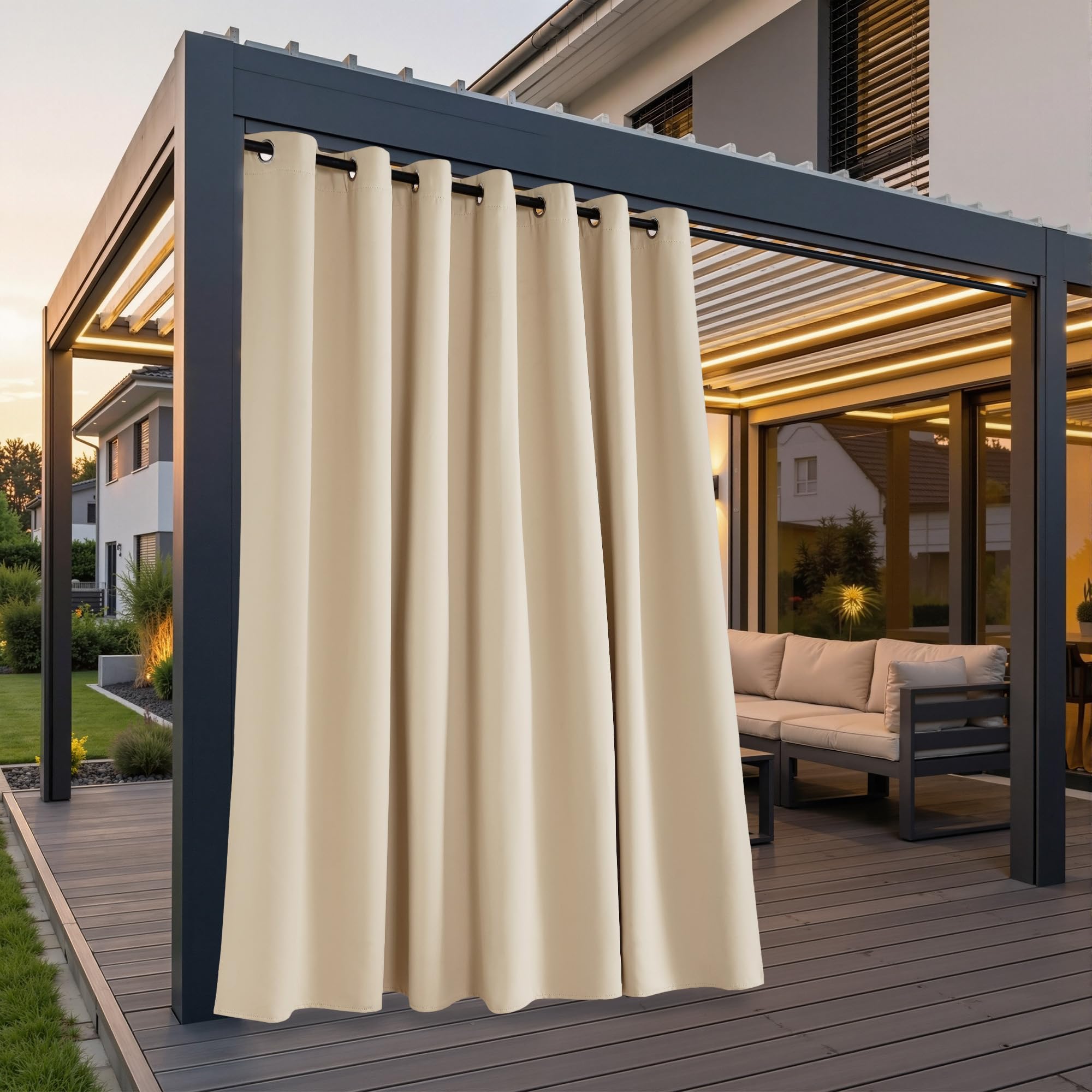 PONY DANCE Terrasse Vorhänge Wasserdicht Outdoor Gardinen Wetterfest 1er Set H 243 x B 254 cm Biscotti Beige Outdoorvorhang Sichtschutz & Sonnenschutz Balkon Vorhang Blickdicht Ösenschal