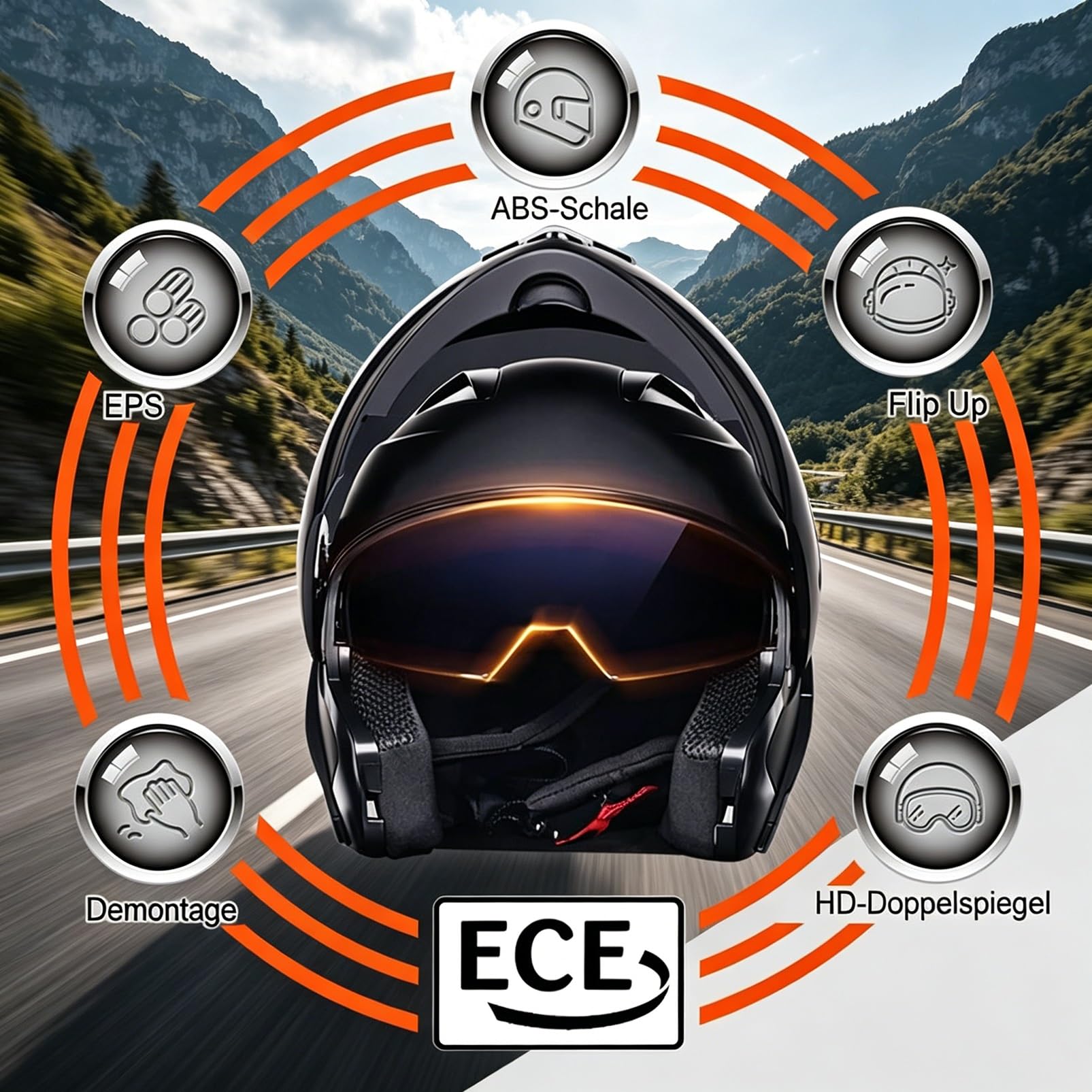 Kask Motocyklowy Szczękowy, [Aero Stratos] Uszczelnienie Akustyczne, ECE 22.06 DOT, Podwójna Wizjera dla Cruiser Street Bike