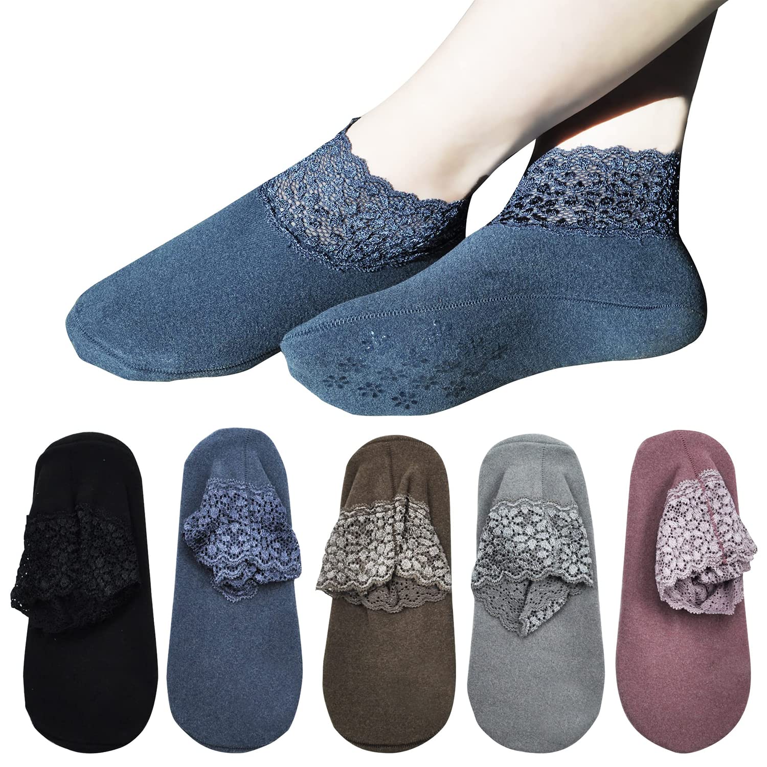 Lace Warm Socks, 5 Pairs No Show Socks, Lace Comfortable Thermal Cotton Ankle Boat Socks, Pop Invisible Socks with Non-slip Bases for Women Girls (5 Colors)