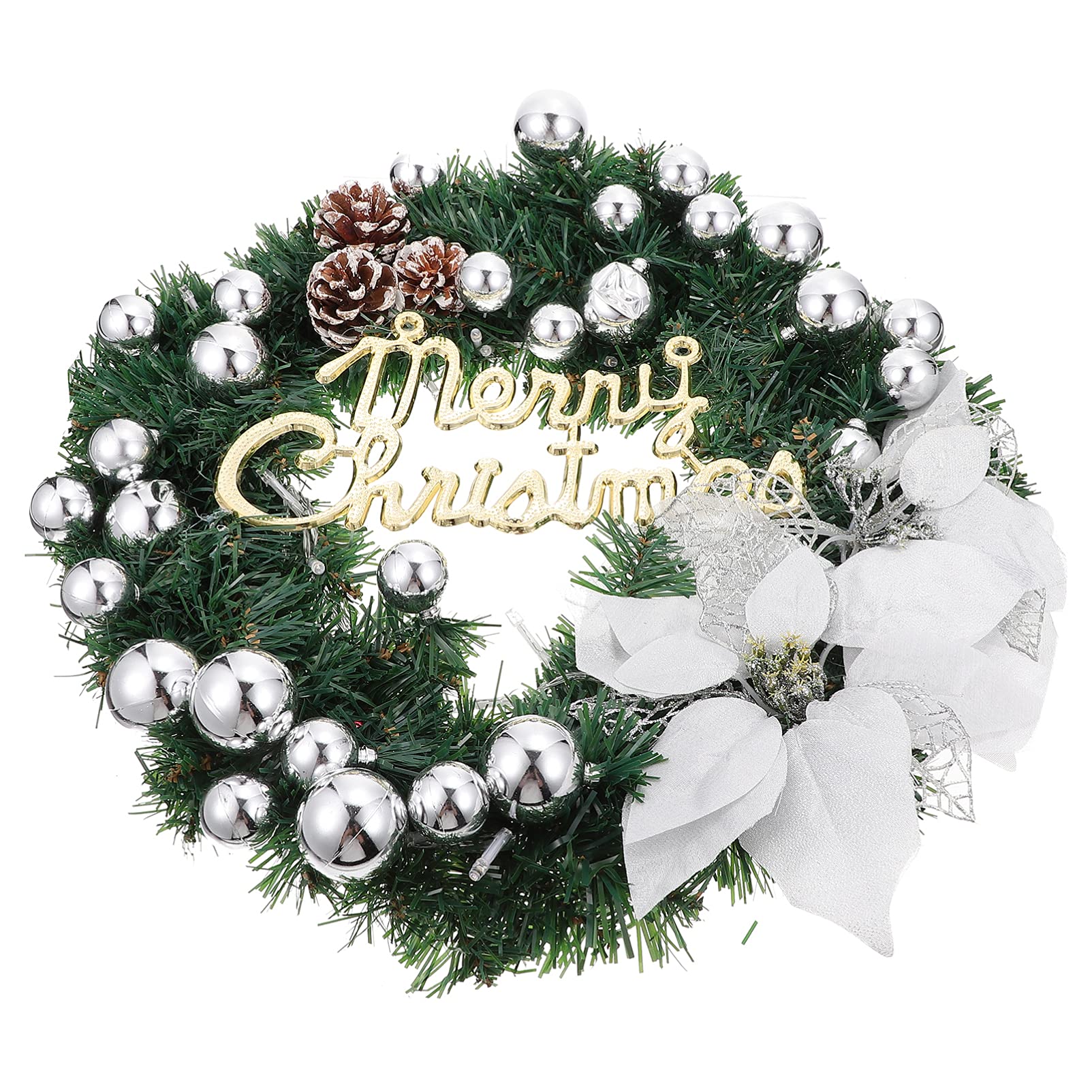 ibasenice Silver Artificial Christmas Wreath With Mini Ornaments LED Light up Merry Christmas Natural Pine Needle Garlands Xmas Door Hanging Decoration For Festival 40CM, (Y37O2U26I214F)