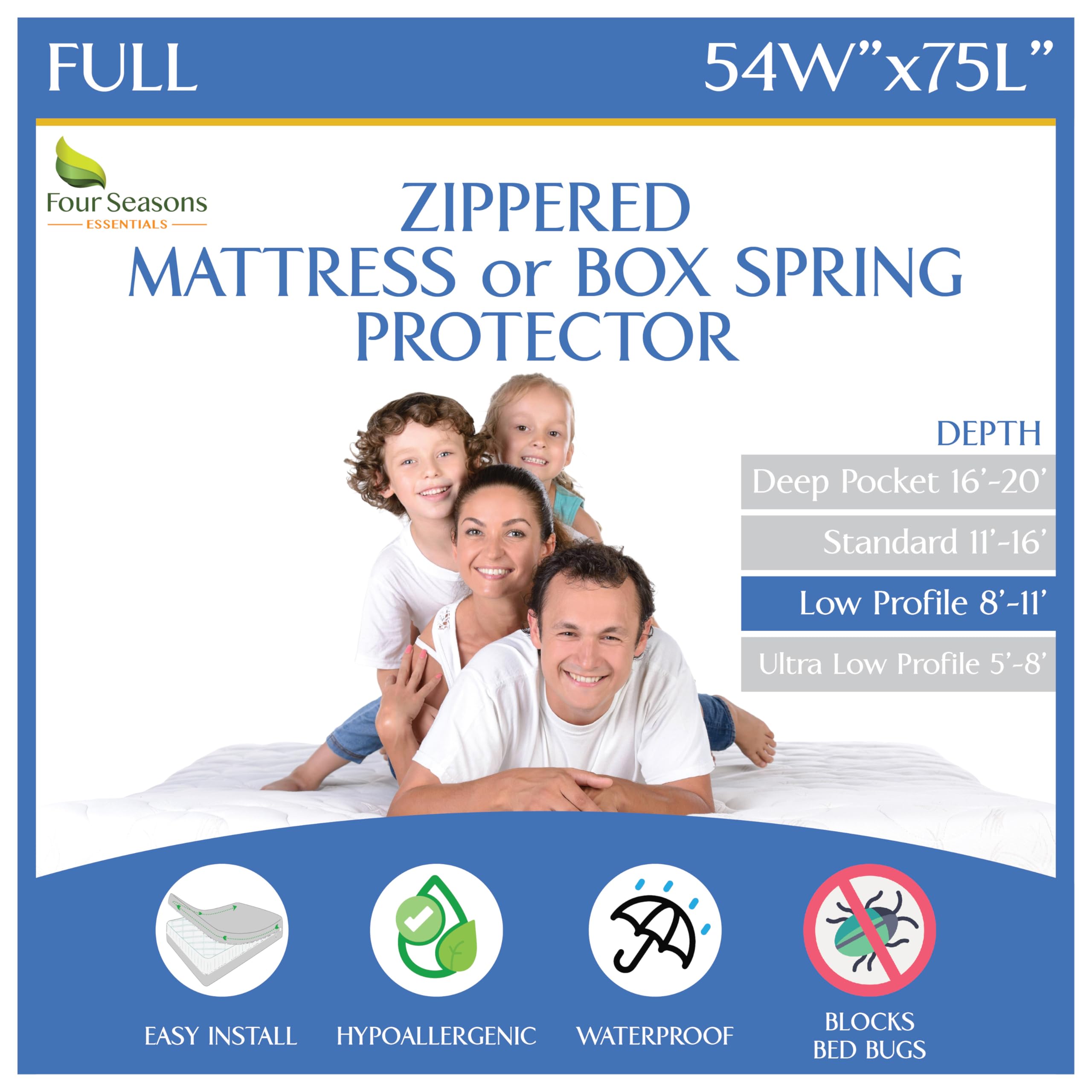 Full Size Mattress or Box Spring Encasement (8"-11" Depth) Waterproof Zippered Protector Hypoallergenic Premium Bedbug Double Size Bed Cover Protects from Dust White