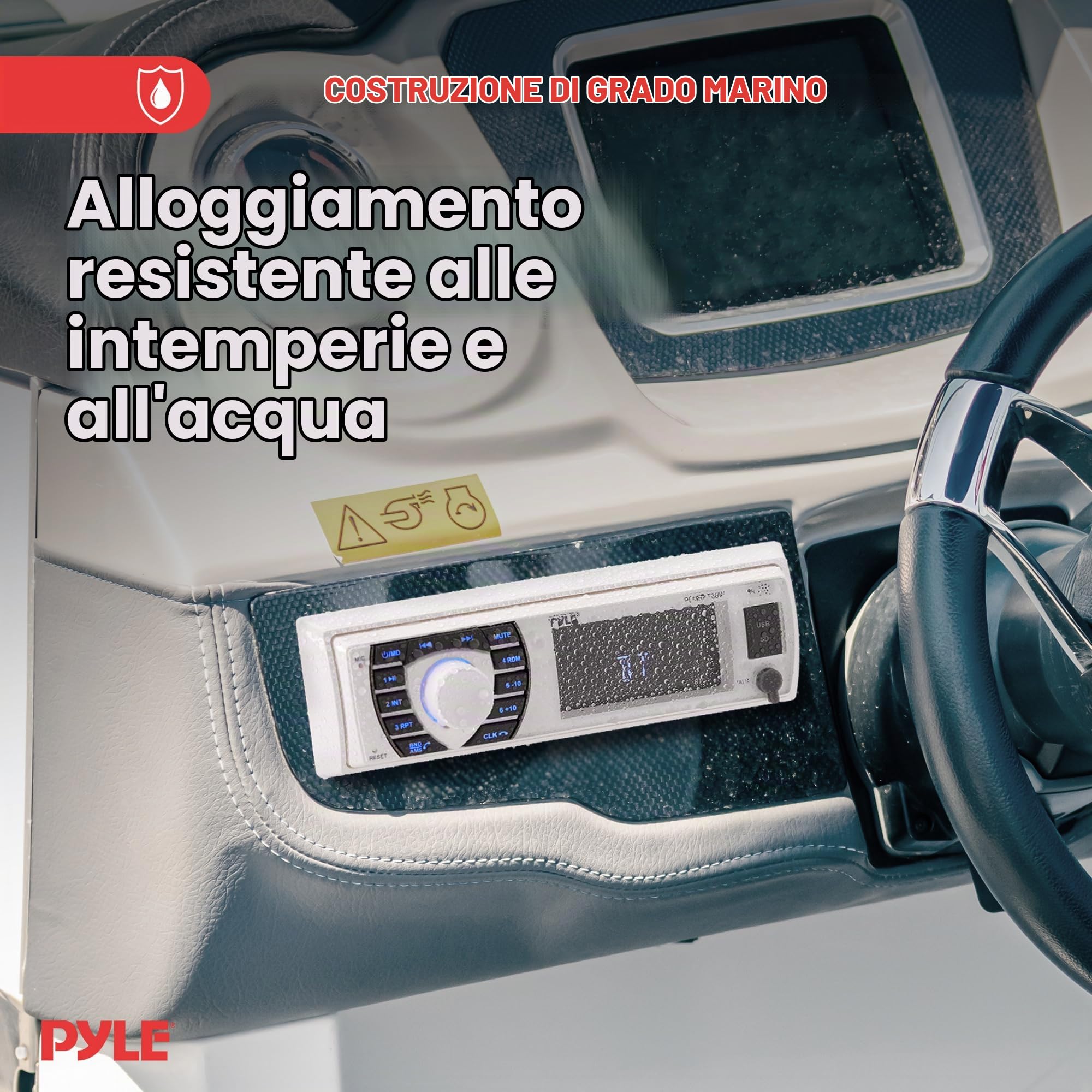 Pyle Autoradio Bluetooth Marina 12V Single DIN Per Yacht e Barca, Sistema Stereo con 4 Altoparlanti, Casse Audio Impermeabili, Microfono, Telecomando, Accessori Barca, Speaker, Bianco