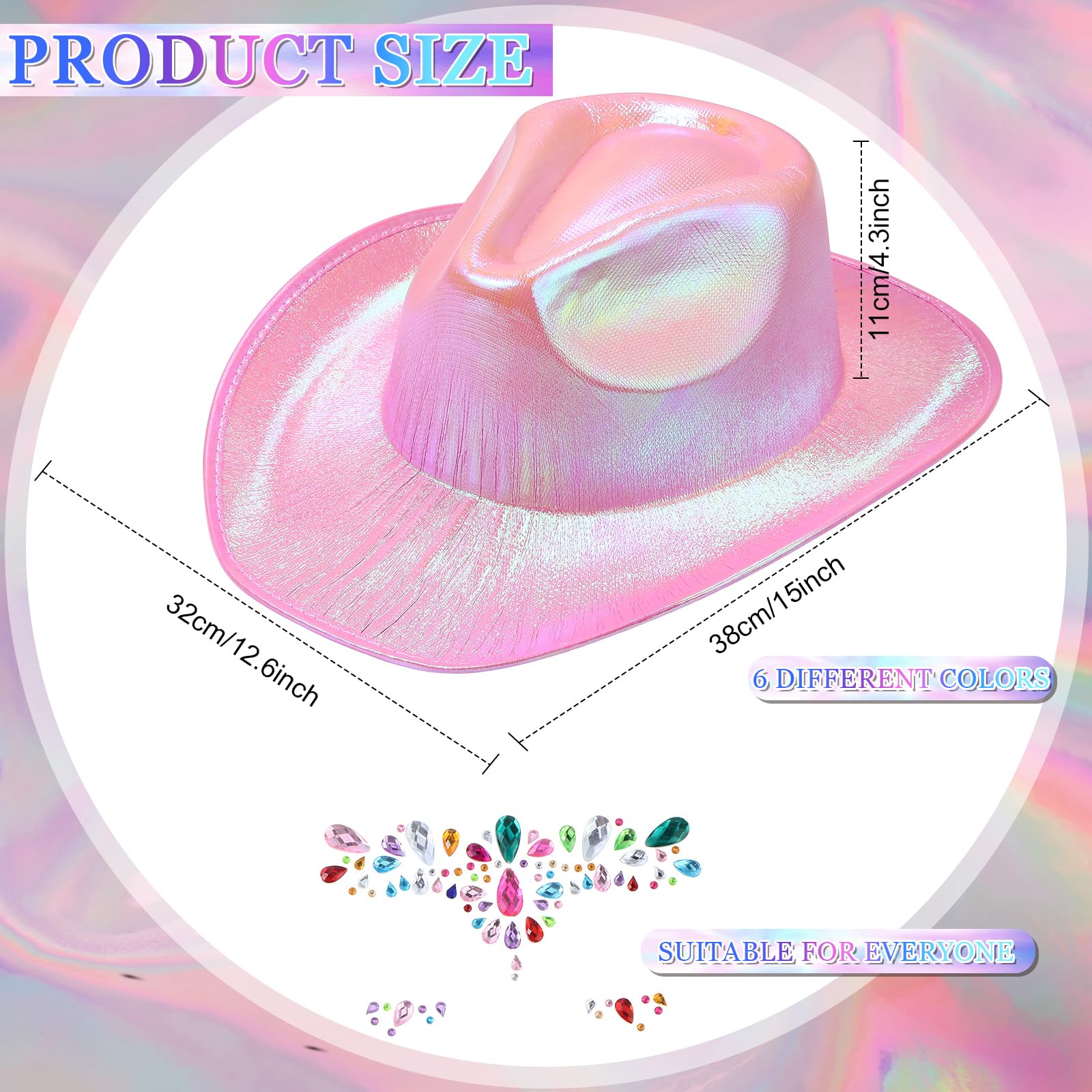 Haysandy 18 Pcs Holographic Space Cowgirl Hat with Face Jewels Rhinestones Neon Sparkly Cowboy Hat and Mermaid Face Gems for Women Men Costume Dress up Party Accessories