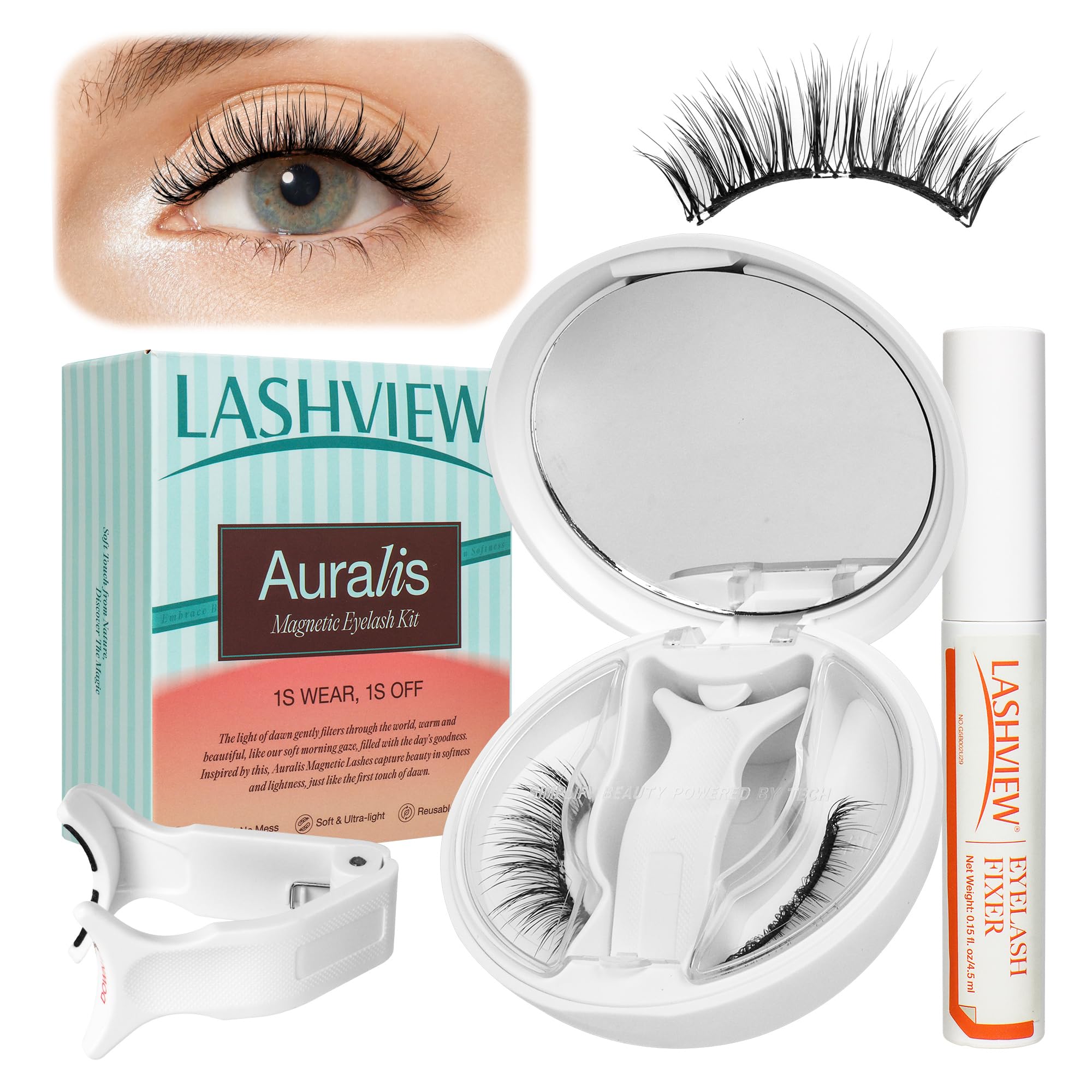 LASHVIEW Magnetische Wimpern mit Applikator, wiederverwendbar, weich, magnetisch, natürliches Aussehen, mit 0,17 mm ultradünnen Magneten, kein Kleber erforderlich, einfach zu tragen und zu entfernen
