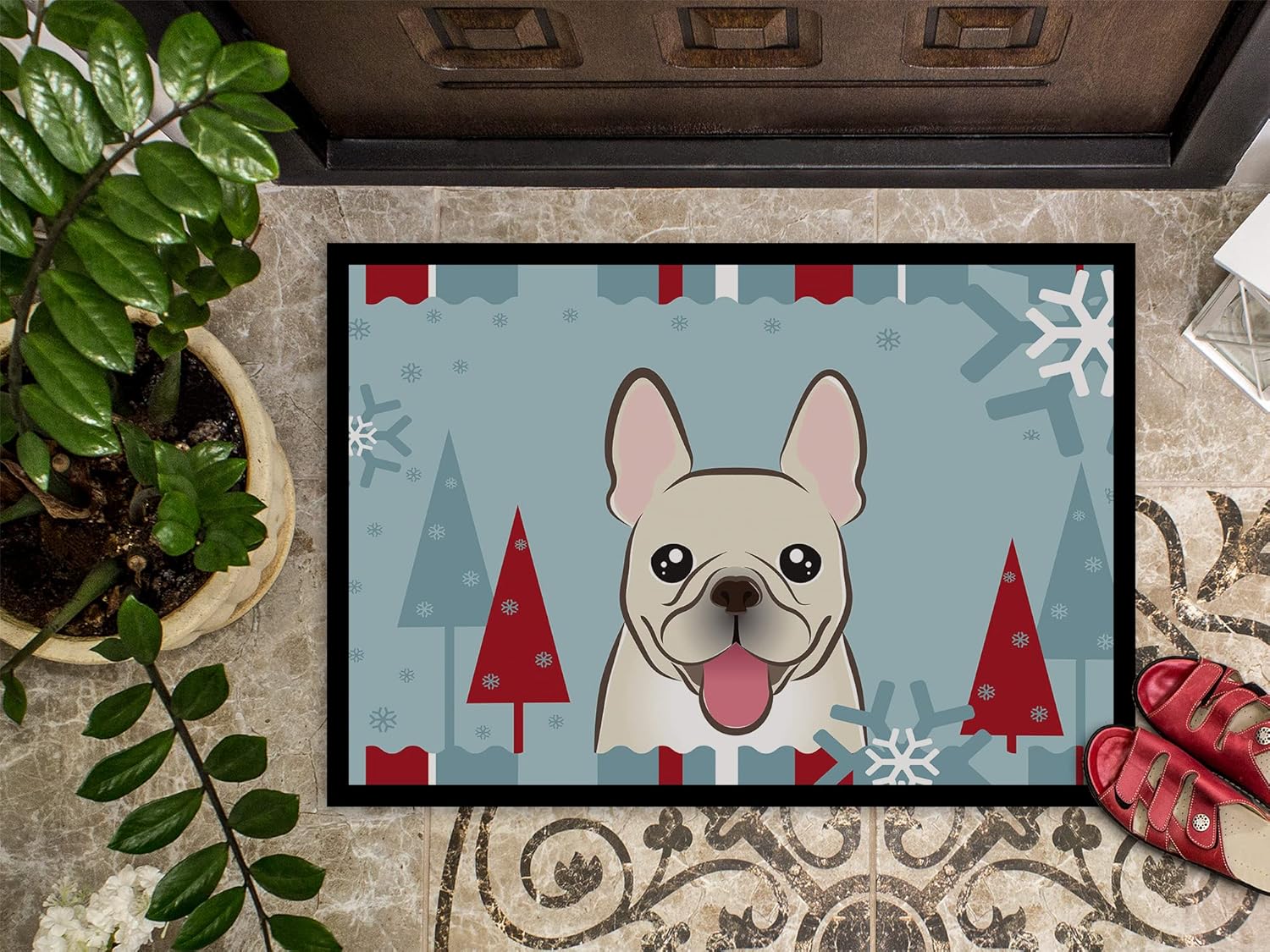 Caroline's Treasures BB1734MAT Winter Holiday French Bulldog Doormat 18x27 Front Door Mat Indoor Outdoor Rugs for Entryway, Non Slip Washable Low Pile, 18H X 27W