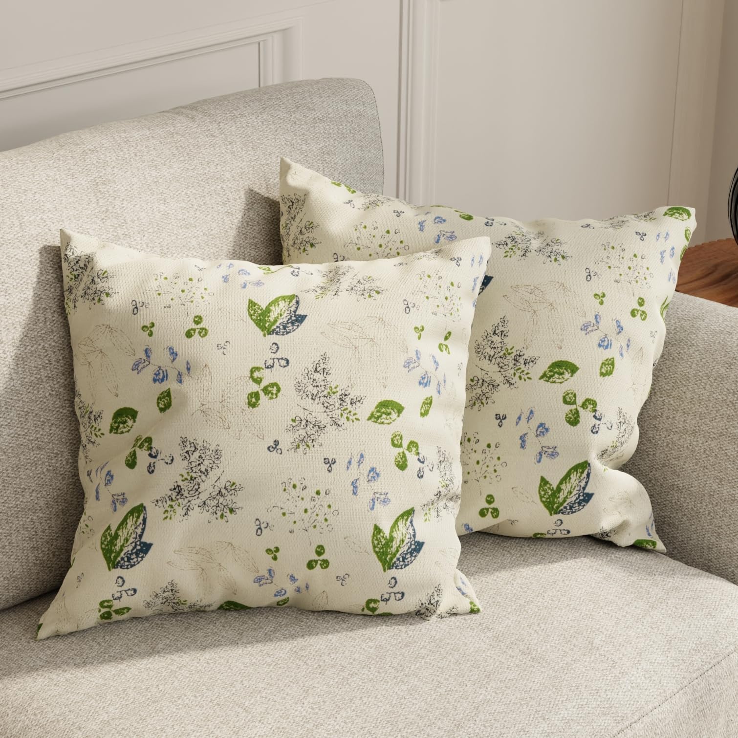 HUESLAND Premium Cotton Cushion Cover 16 inch x 16 inch | Decorative Square Throw Pillow Covers Set for Sofa, Living Room & Bedroom | Set of 2 | Green Leaf Floral