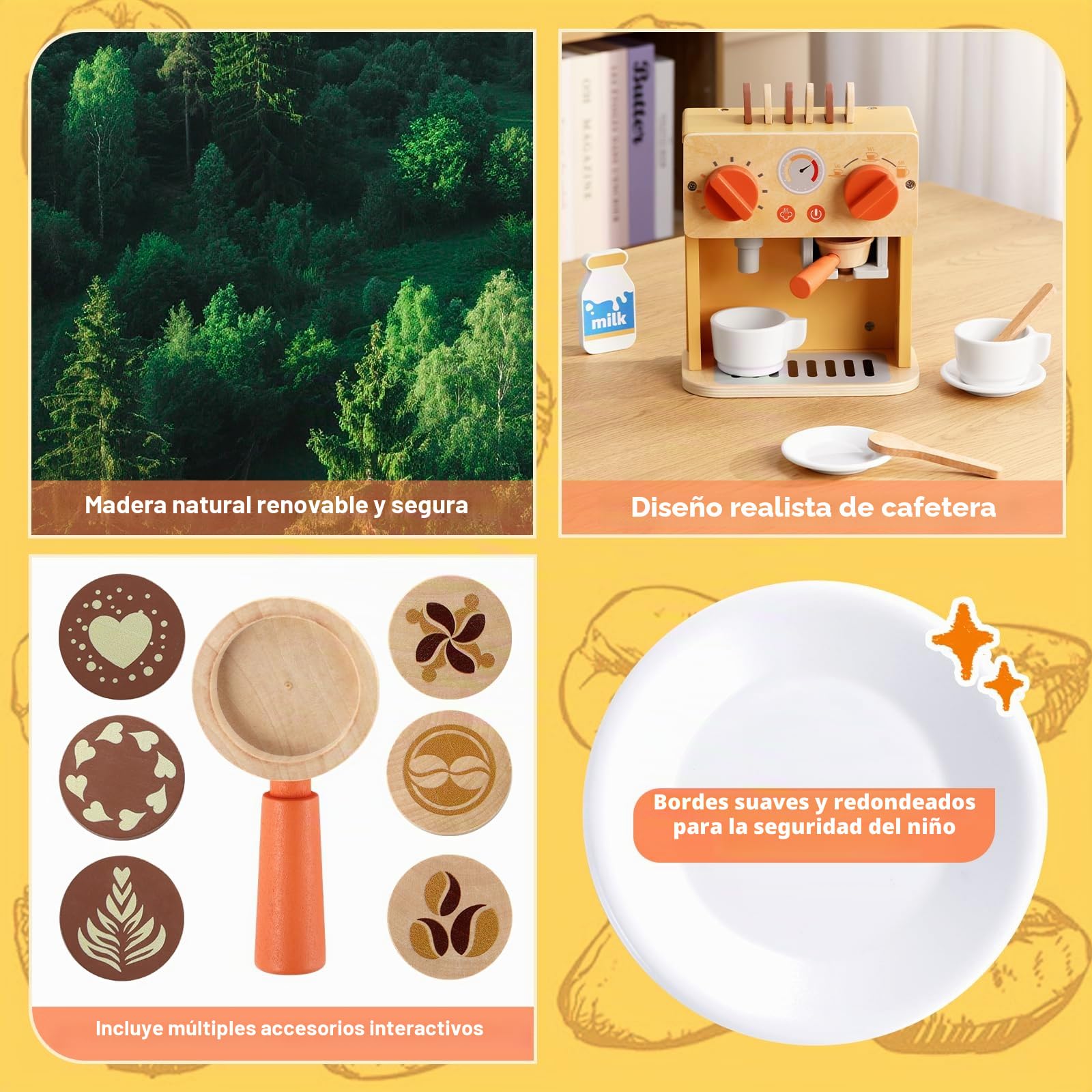 GAGAKU Cafetera de madera, juguetes para niños, juegos de fantasía, cafetera espresso, juego de accesorios para cocina de juegos, juguetes de cuero de madera para coordinación mano-ojo y habilidades