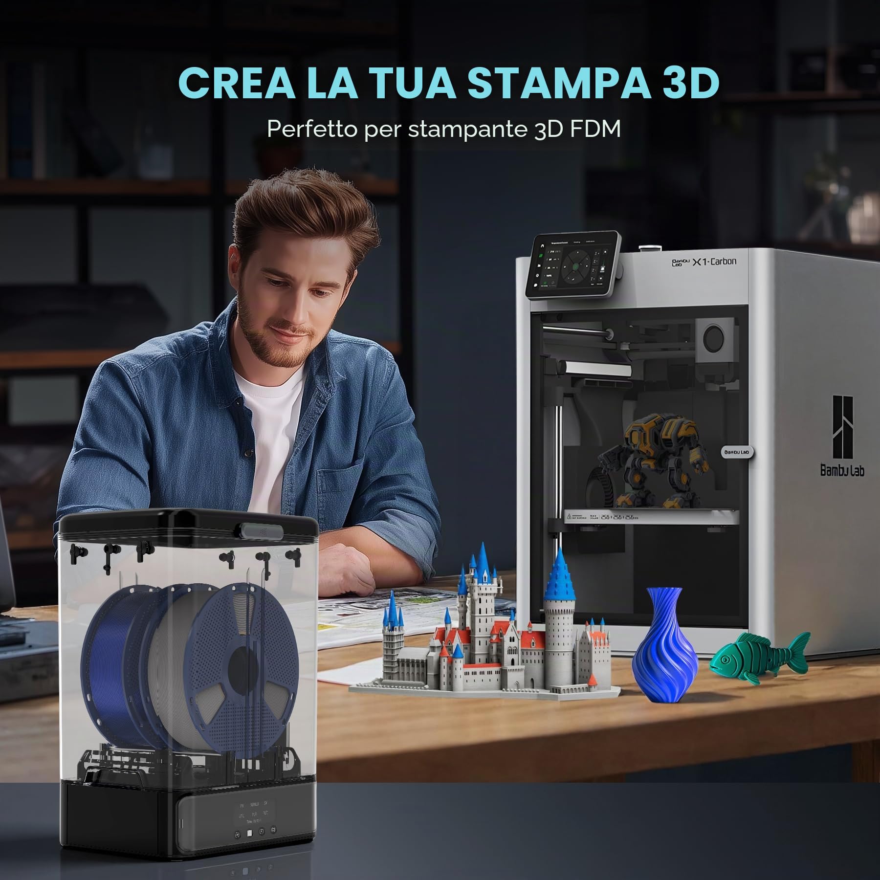 SUNLU Essiccatore Filamento 3D SP2 e Scatola di Stoccaggio del Filamento, 2 Bobine Filament Dryer, 70℃ Massima Temperatura con 360° Riscaldamento, Essiccatore Filamento Stampante 3D per PLA PETG TPU