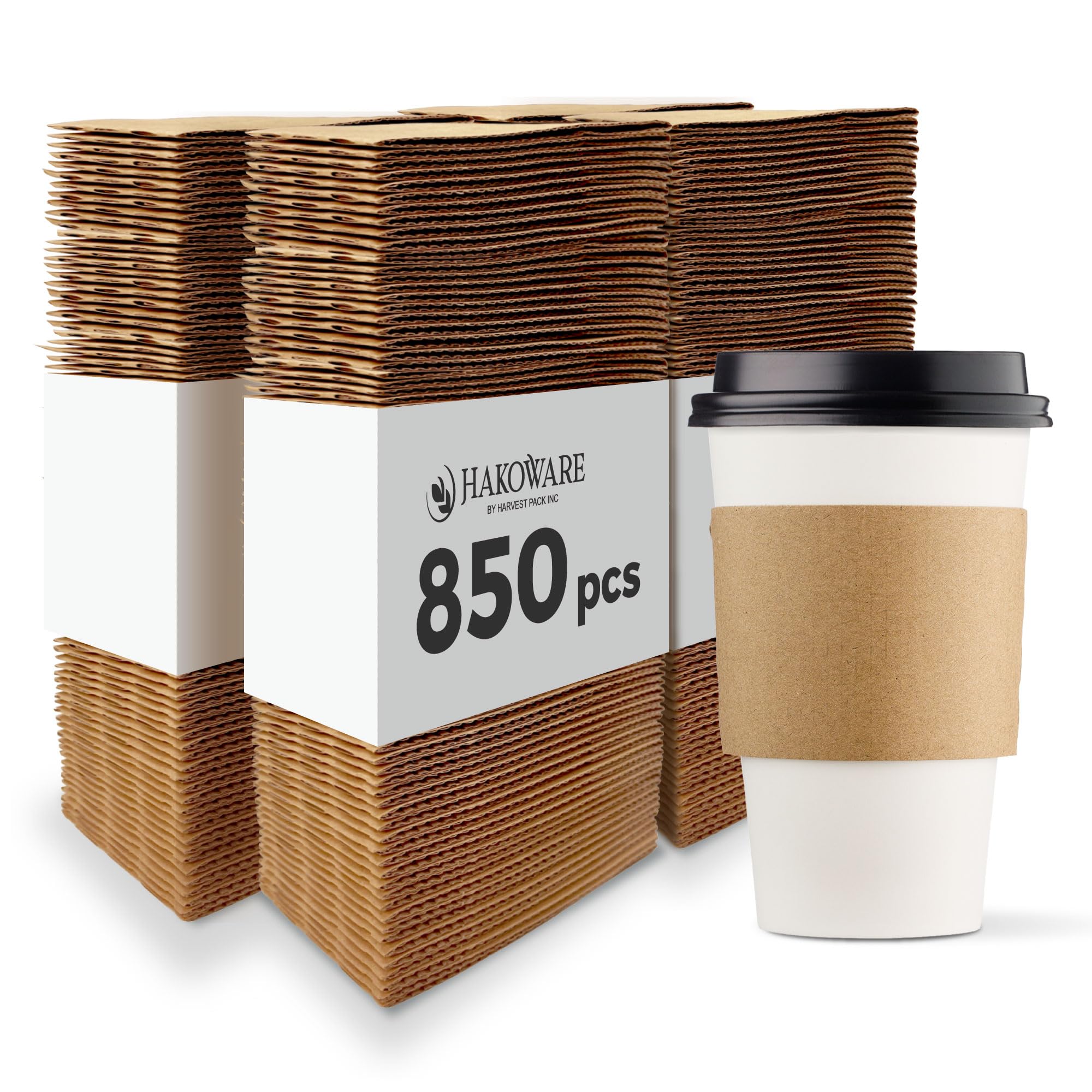 [850 COUNT]Harvest Pack Coffee Sleeves, Disposable Corrugated Brown Kraft Durable Coffee Cup Sleeves, Fits 12-24 oz Cups, Recyclable Cup Sleeve Holder, Hand Protector for Hot & Cold Drinks