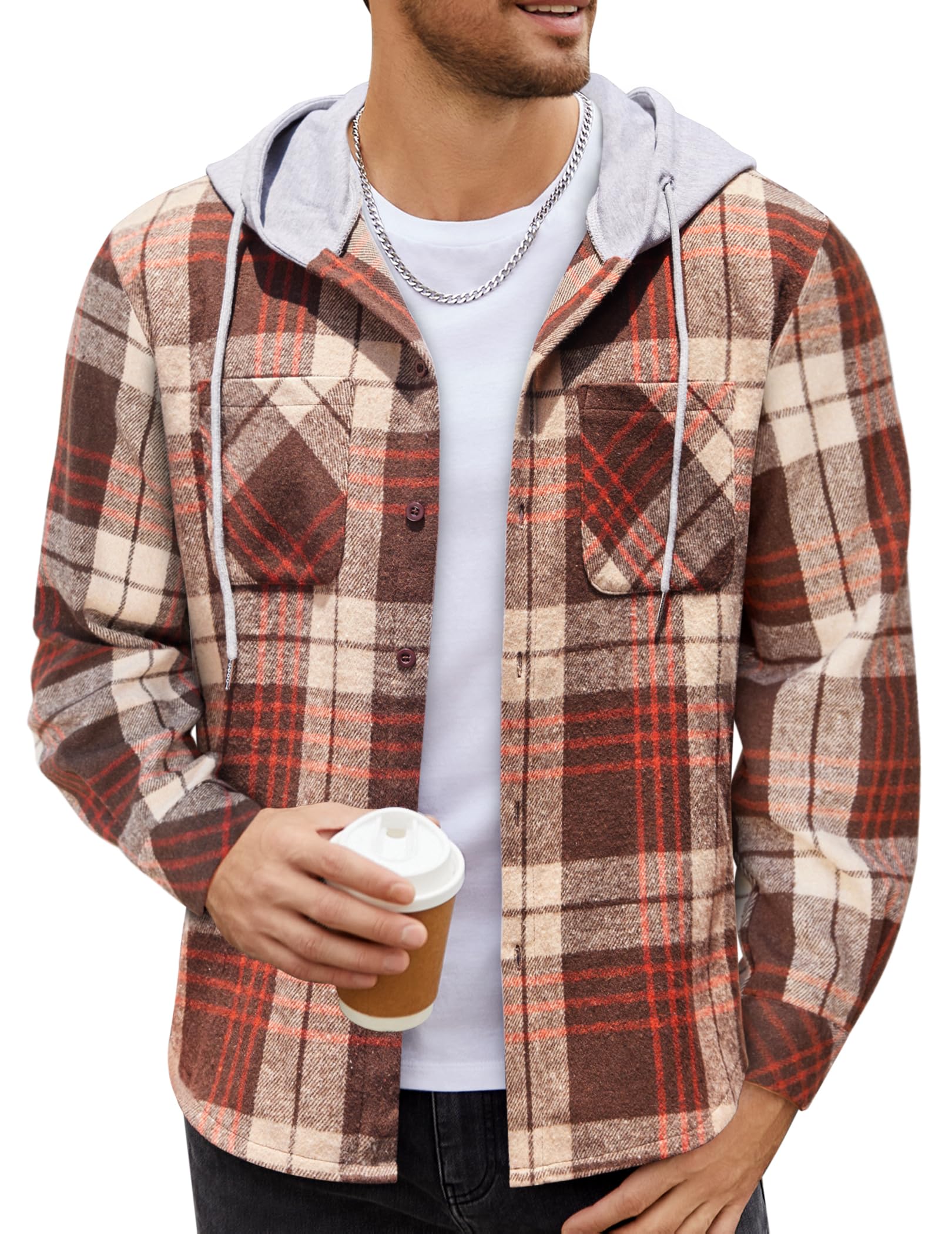 COOFANDYMen's Flannel Hoodie Plaid Shirt Long Sleeve Button Down Casual Shirt Jacket Lightweight Fall Shacket