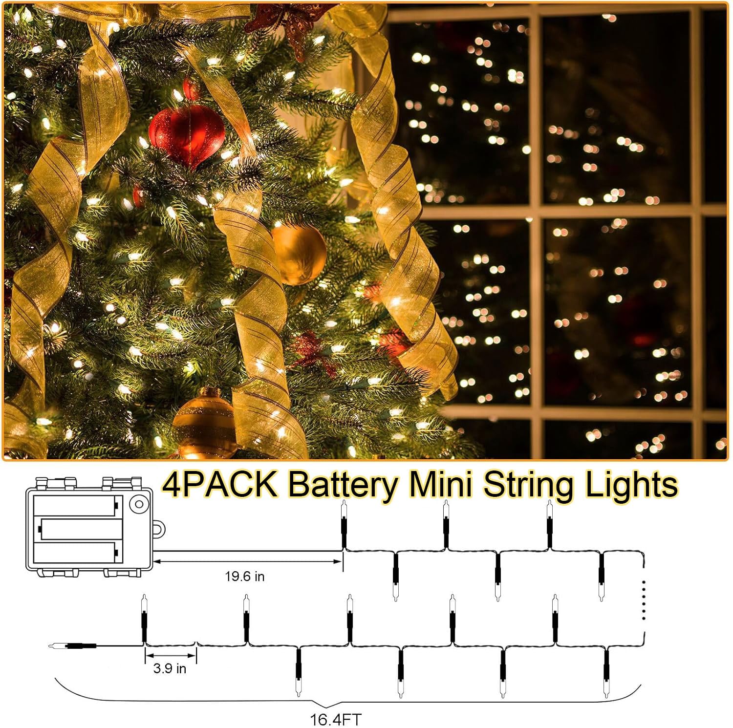 Confezione da 4 mini luci natalizie a batteria, 5 m, 50 pezzi, luci natalizie a batteria, con timer, 8 modalità, impermeabili, a batteria, per decorazioni natalizie, ghirlande di alberi