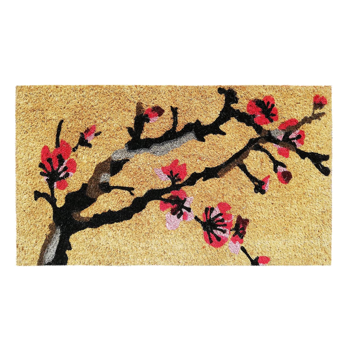 Banzaii Felpudo Natural en Fibra de Coco 40x70 cm con Base Antideslizante para Uso Interior y Exterior – Cerezo en Flor