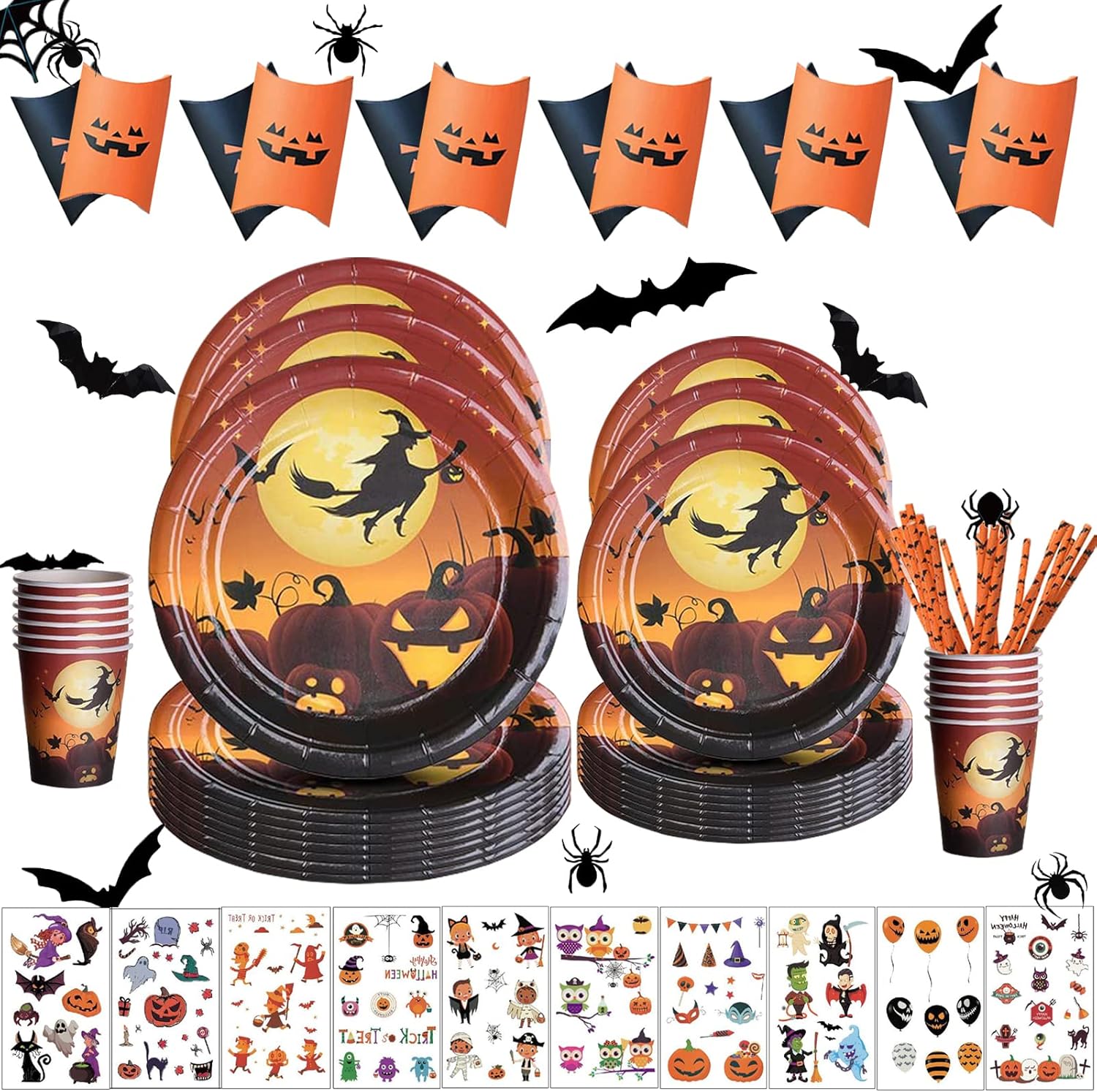 68-tlg. Halloween Geschirr Set Lila - Für 16 Personen Mit Deko