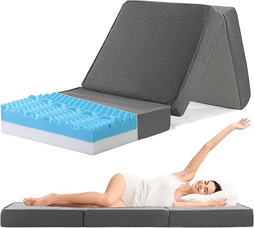 Miniatura 1 de HOMBYS Colchón triple de espuma viscoelástica de 5 zonas, colchón plegable de tamaño individual de 4 pulgadas con funda lavable, tapete portátil con