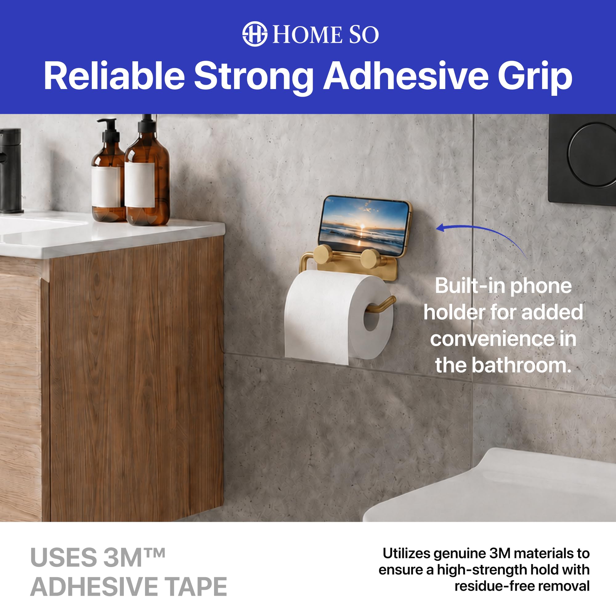 HOME SO Toilet Paper Holder, Wall Mount No Drill, Stainless Steel, Gold — Amazon image 7